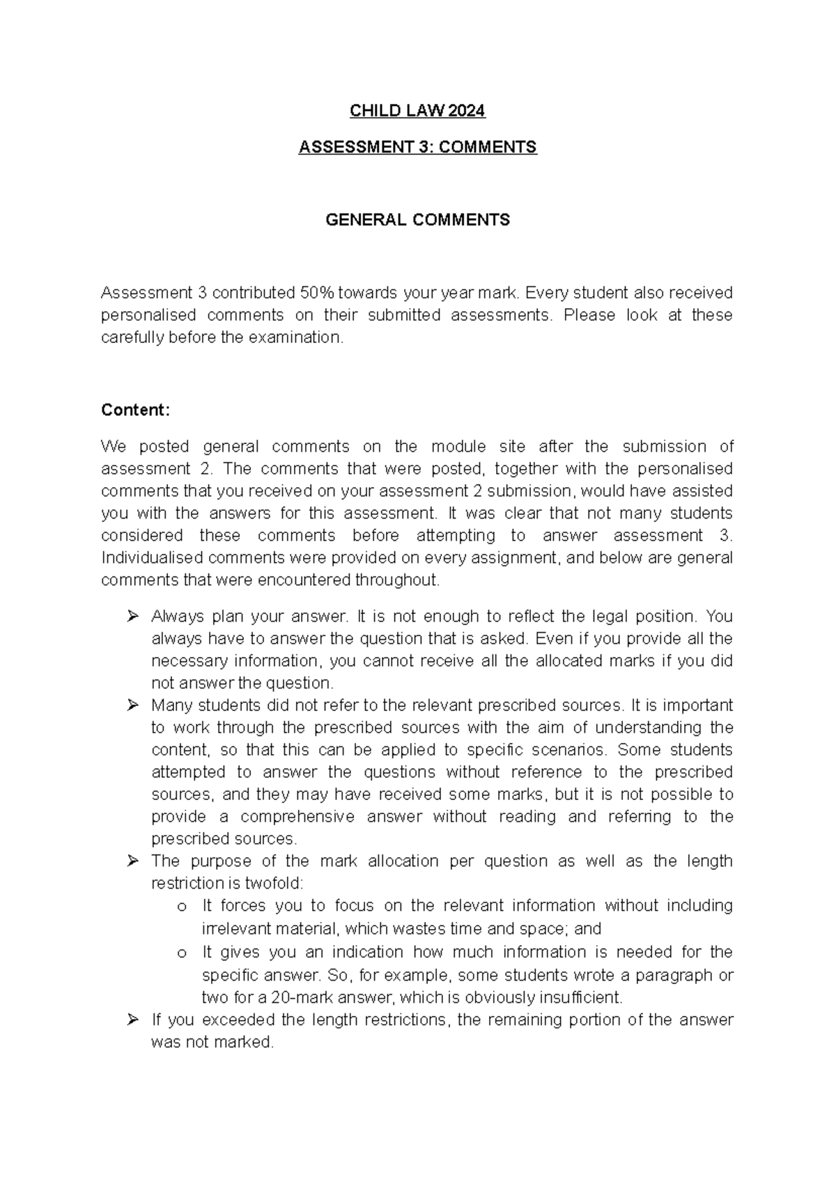 Comments assessment 3 - feedback - CHILD LAW 2024 ASSESSMENT 3 ...