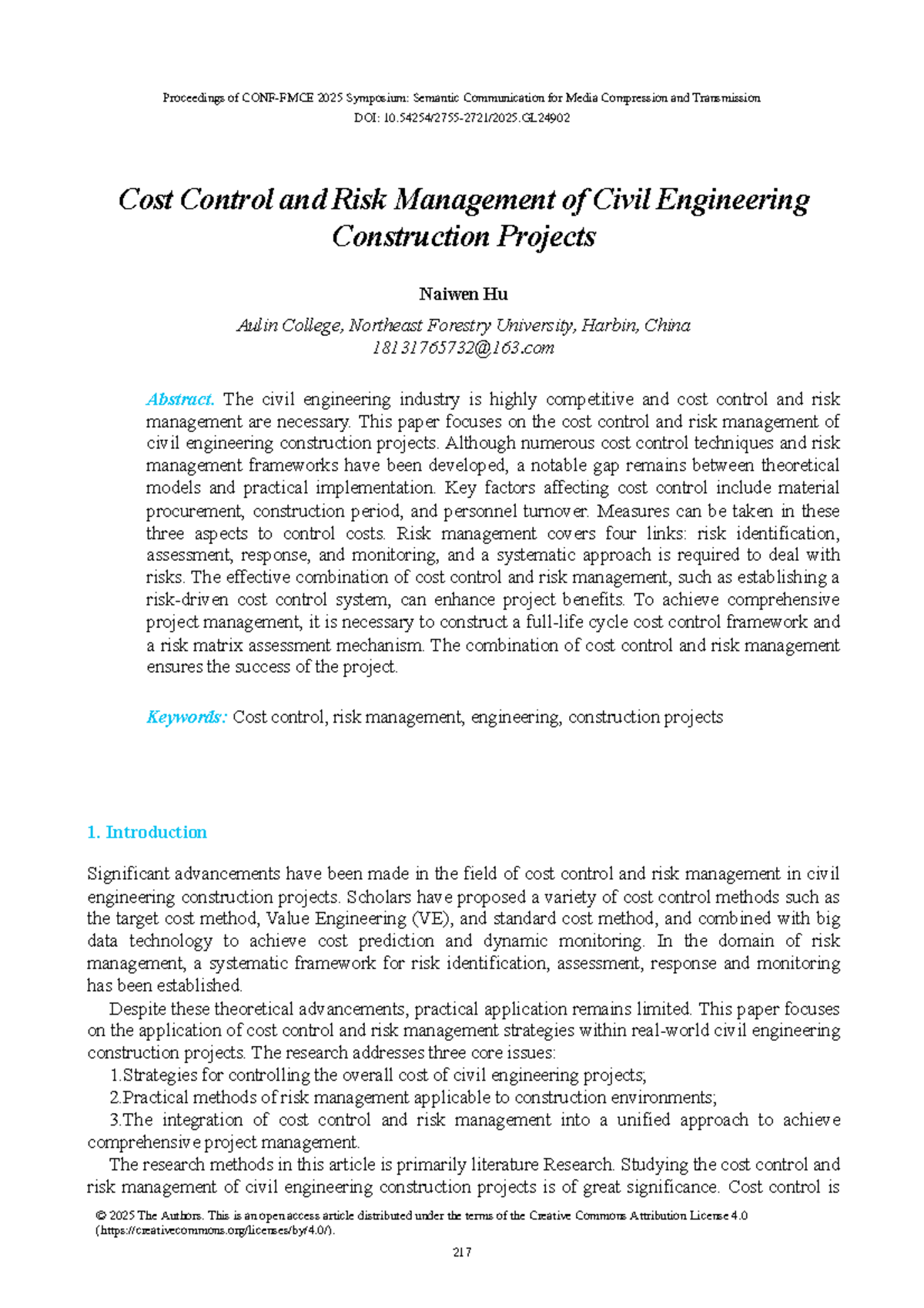 Cost Control and Risk Management in Civil Engineering Projects (CE 2025 ...