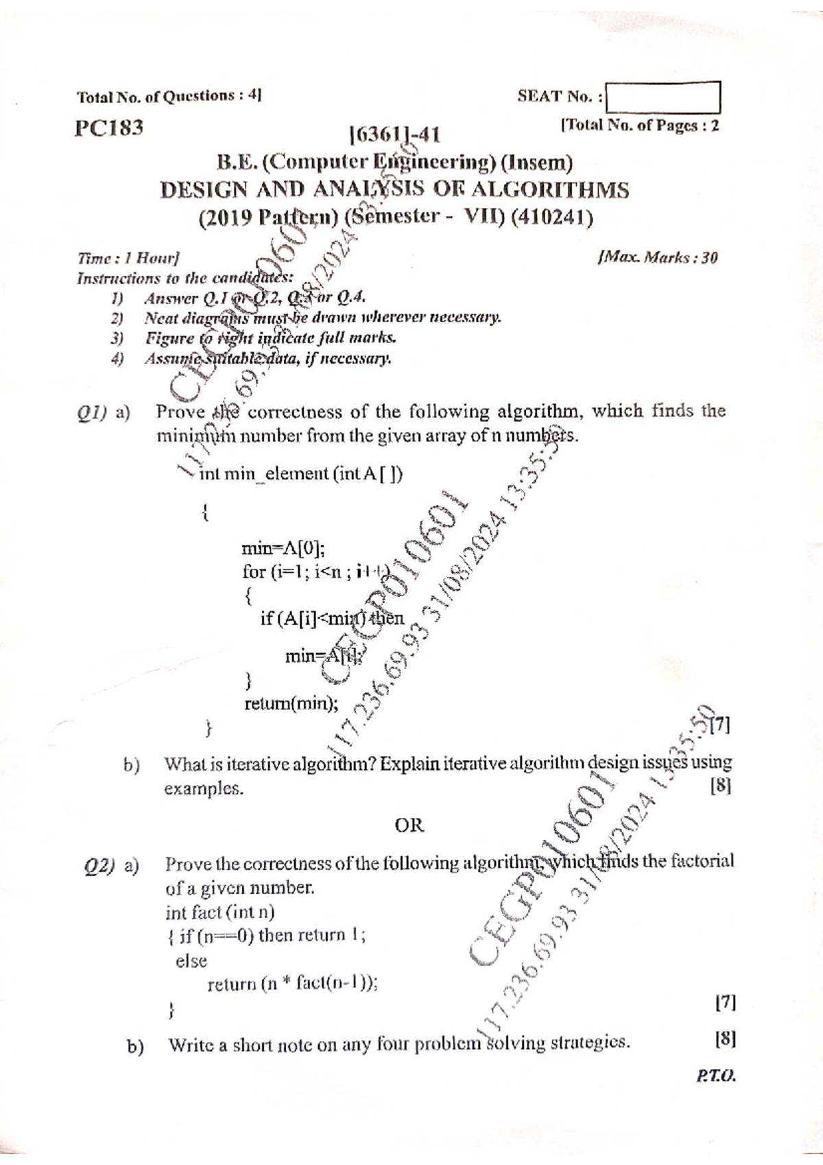 DAA Insem Exam Question Paper 2024 - Design & Analysis of Algorithms ...