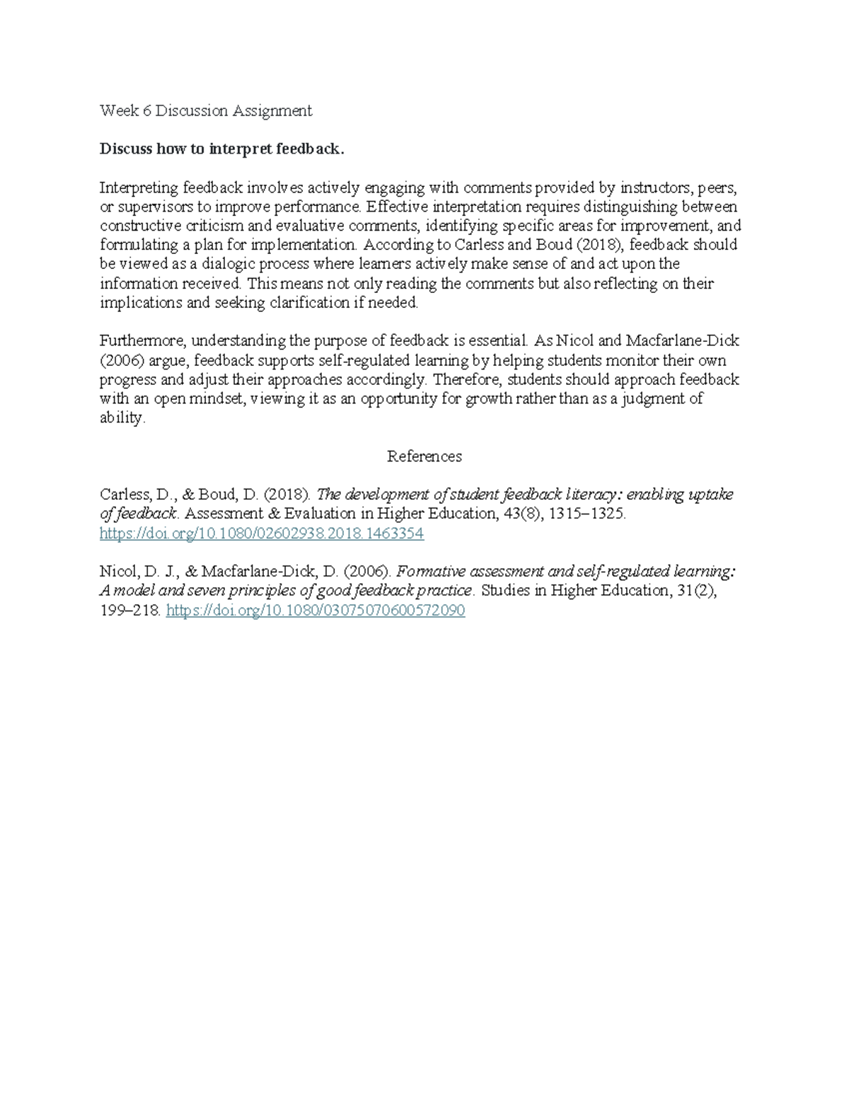 Week 6 Discussion Assignment: Interpreting Feedback in EDU616 - Studocu
