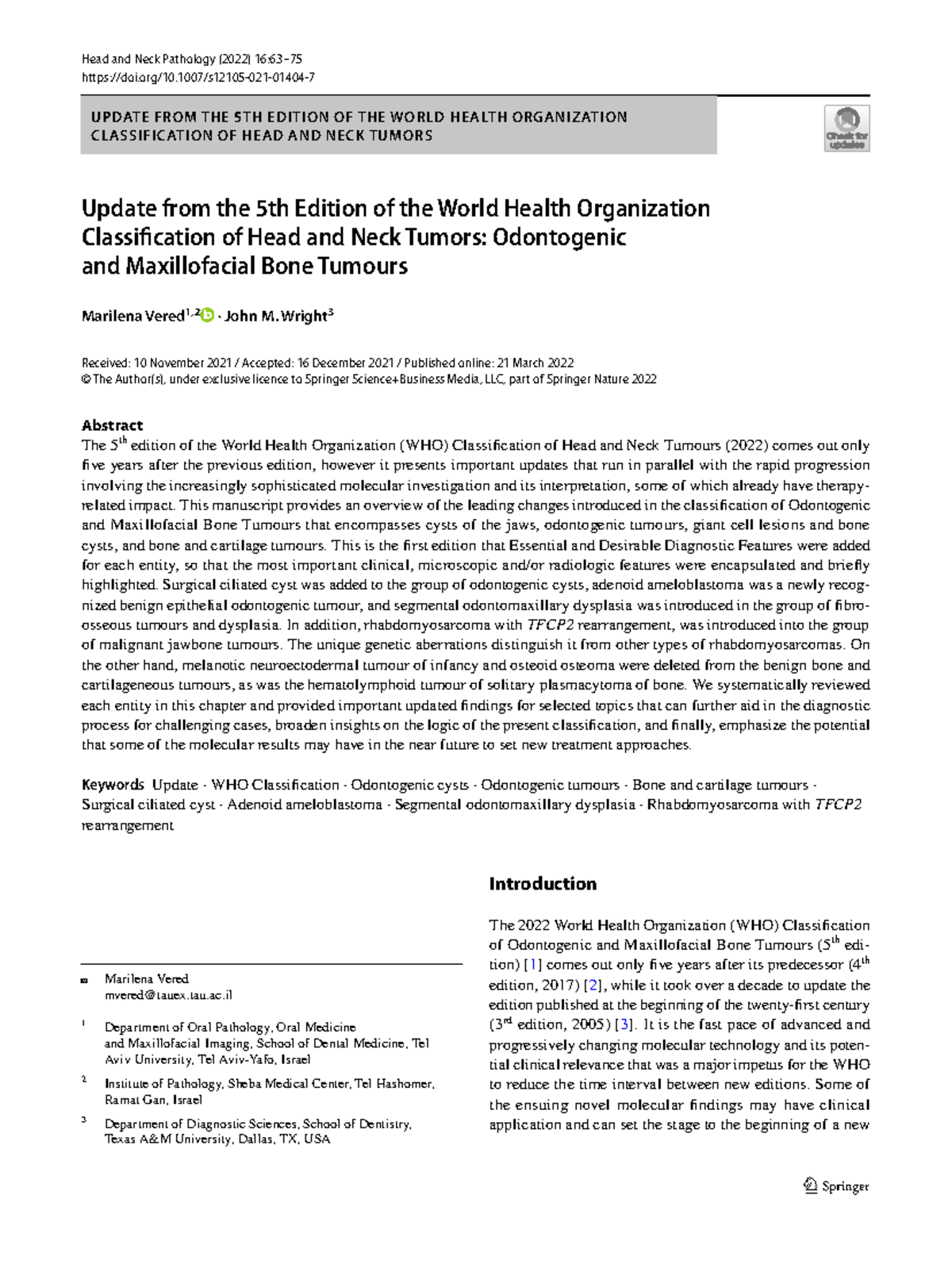 WHO Classification of Head and Neck Tumors (2022) Updates on