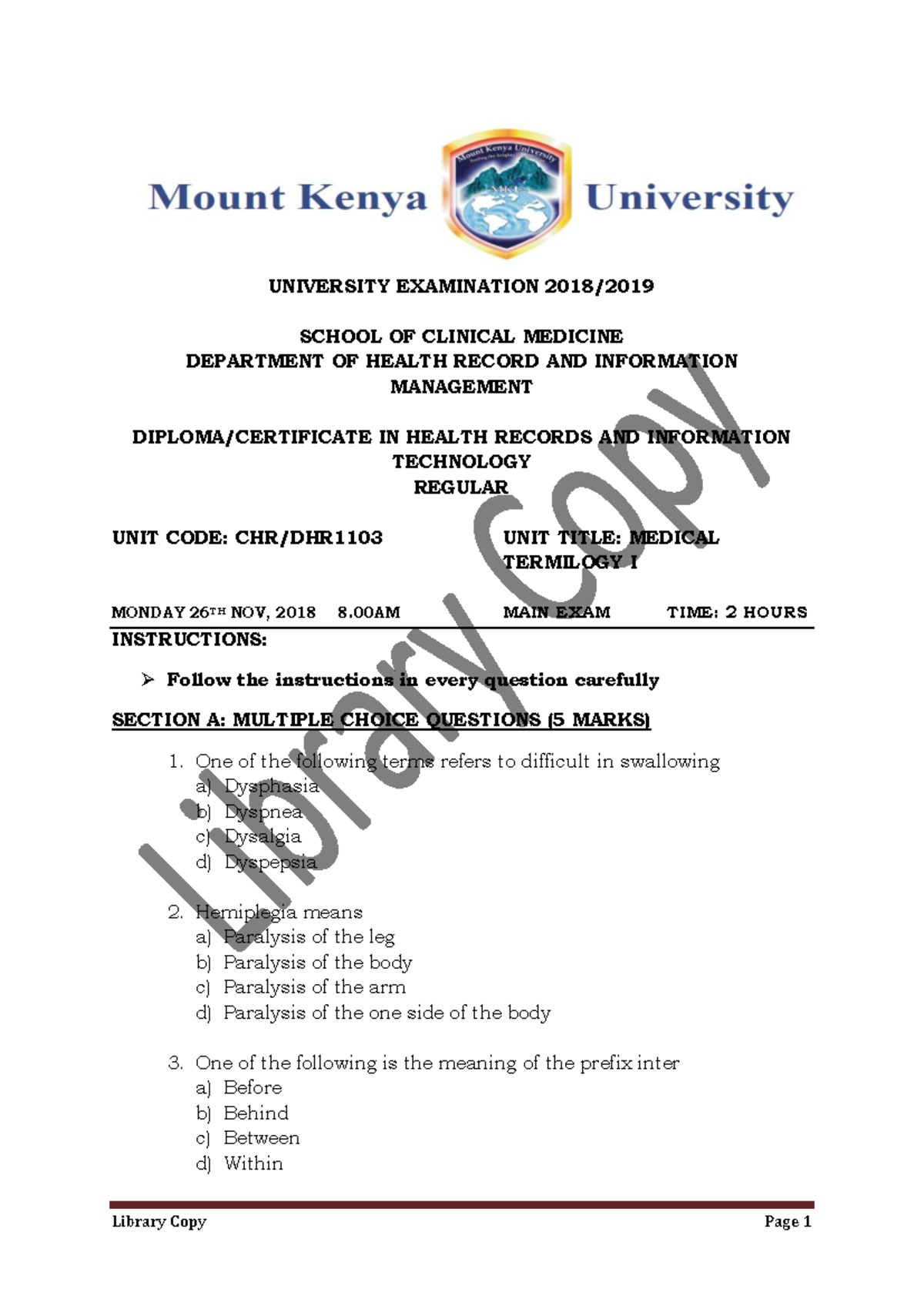 MEDICAL TERMINOLOGY I EXAM (HRI 101) - MAIN EXAM NOV 26, 2018 - Studocu