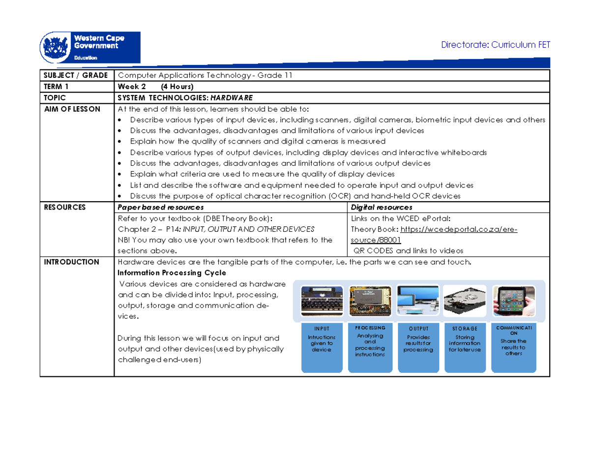 CAT Grade 11 T1 W2 - Lesson on Input and Output Devices - Studocu
