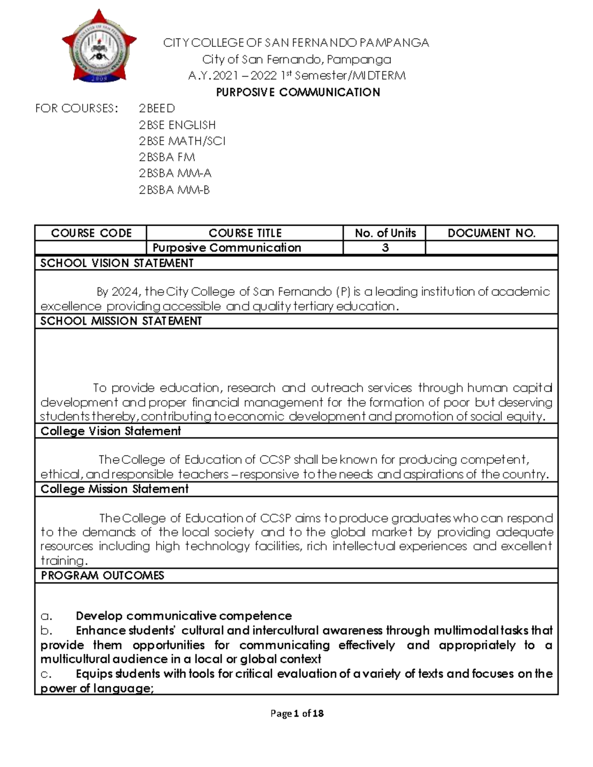 Purposive Communication 2BEED Midterm Finals Module Overview - Studocu