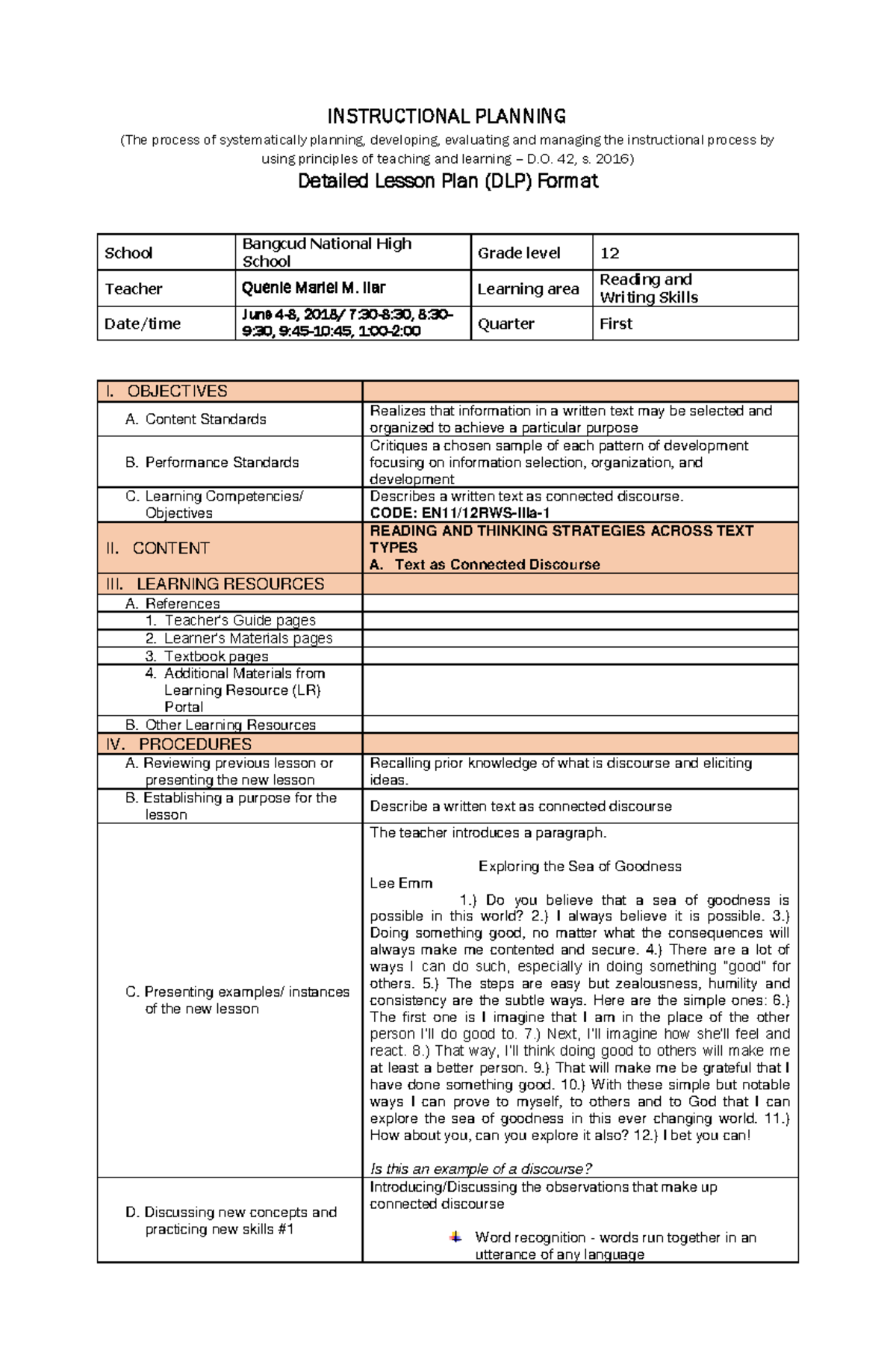 reading and writing - INSTRUCTIONAL PLANNING (The process of ...