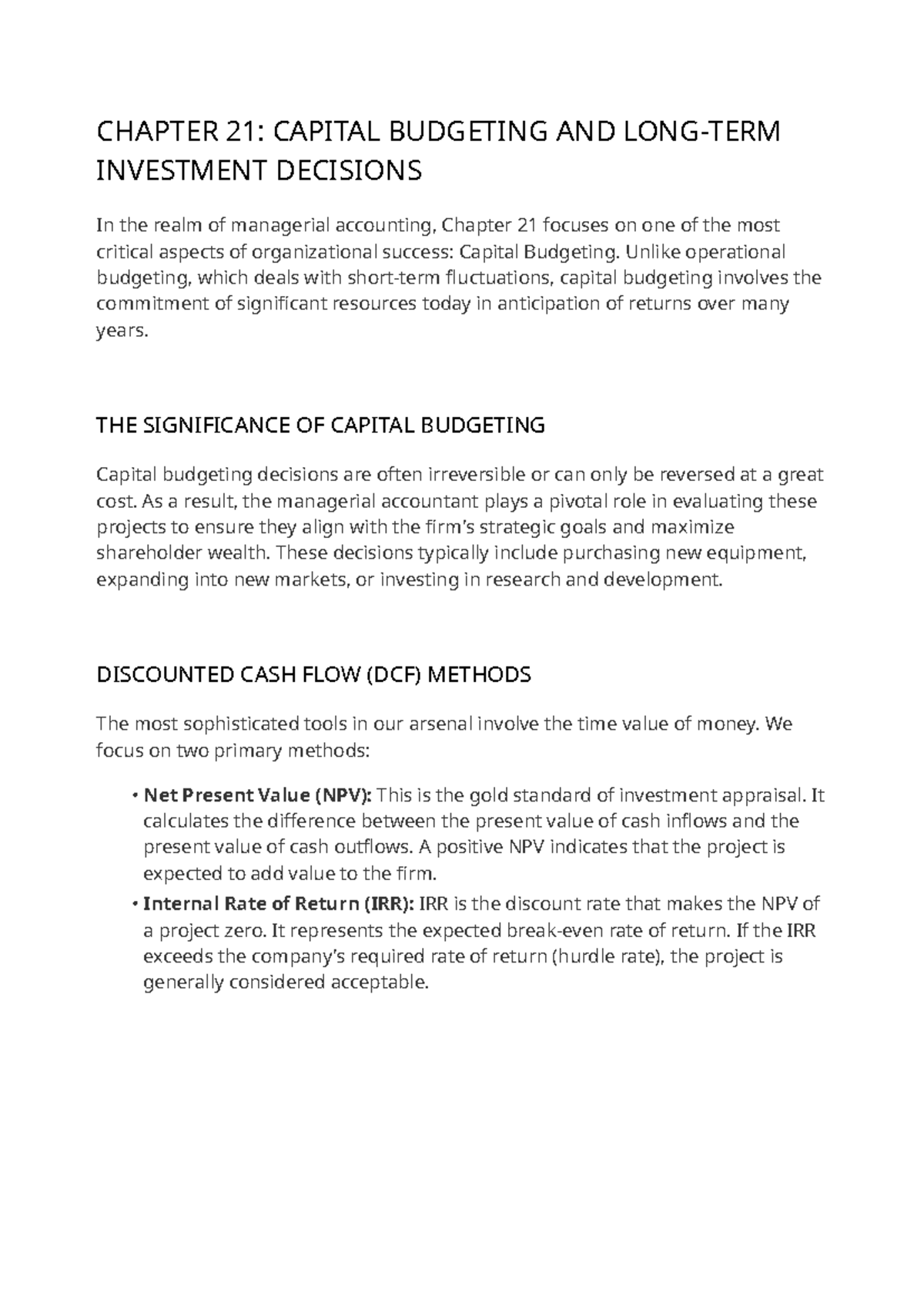 CHAPTER 21: CAPITAL BUDGETING & INVESTMENT DECISIONS - Studocu