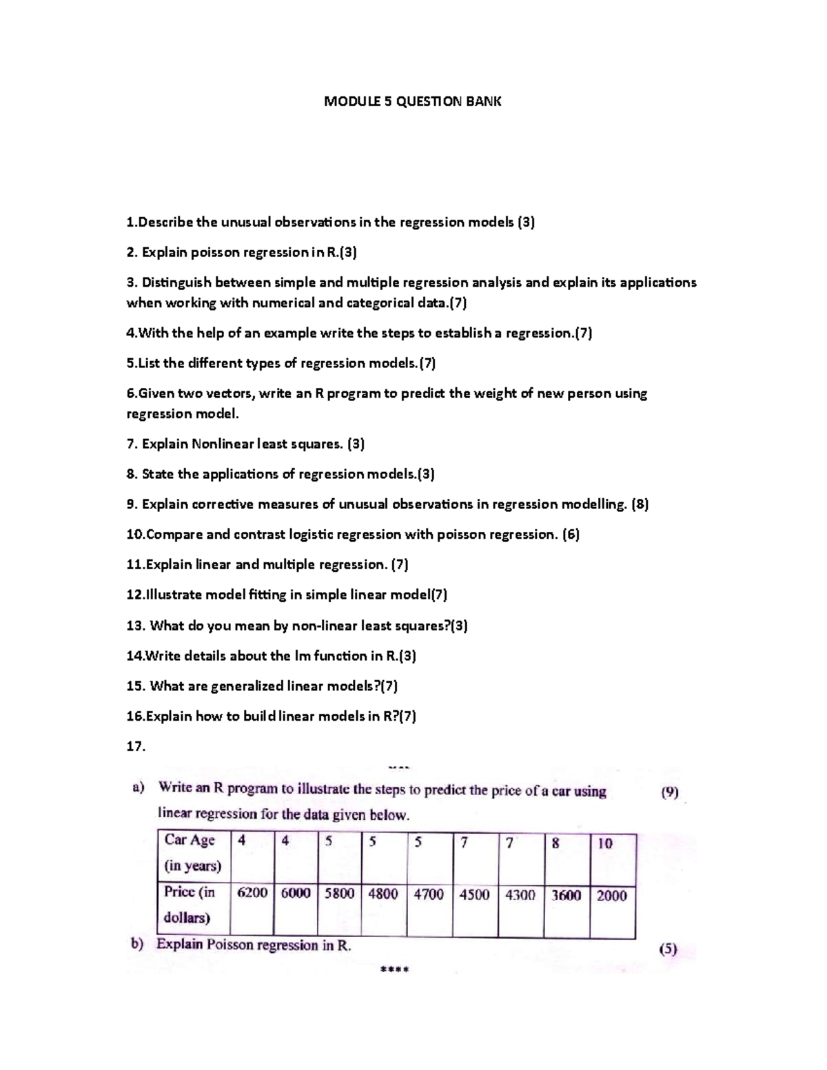 MODULE 5 REGRESSION ANALYSIS QUESTION BANK - Studocu
