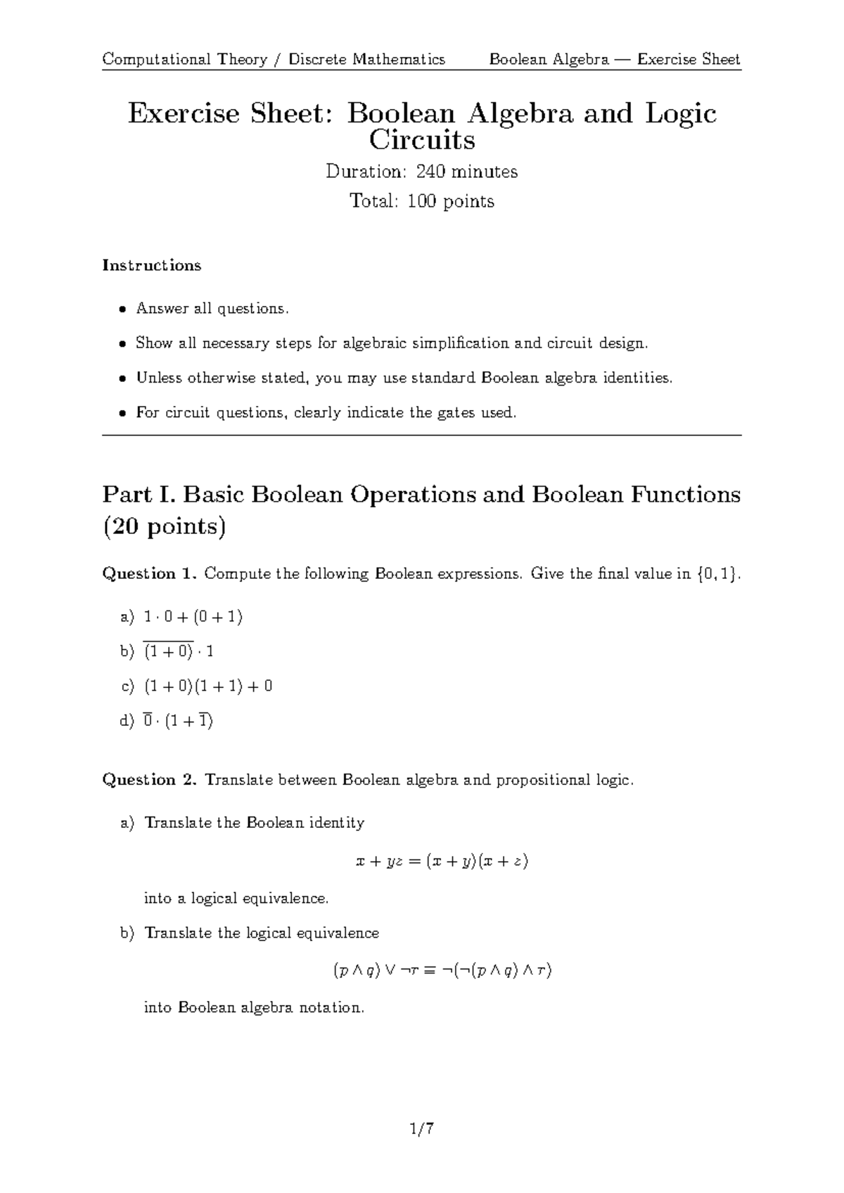 Computational Theory Discrete Mathematics: Boolean Algebra Exercise ...