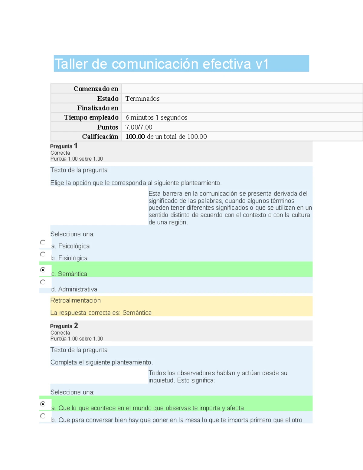 Taller de Comunicación Efectiva - Respuestas y Retroalimentación - Studocu