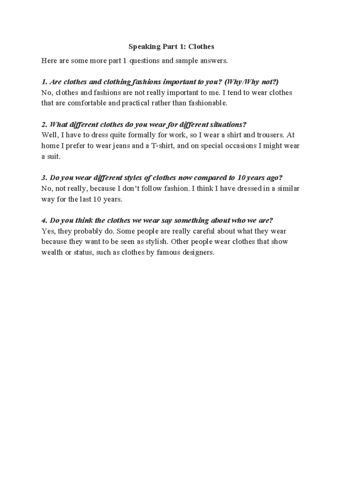 Speaking Part 1: Clothes Questions & Sample Answers Guide - Studocu