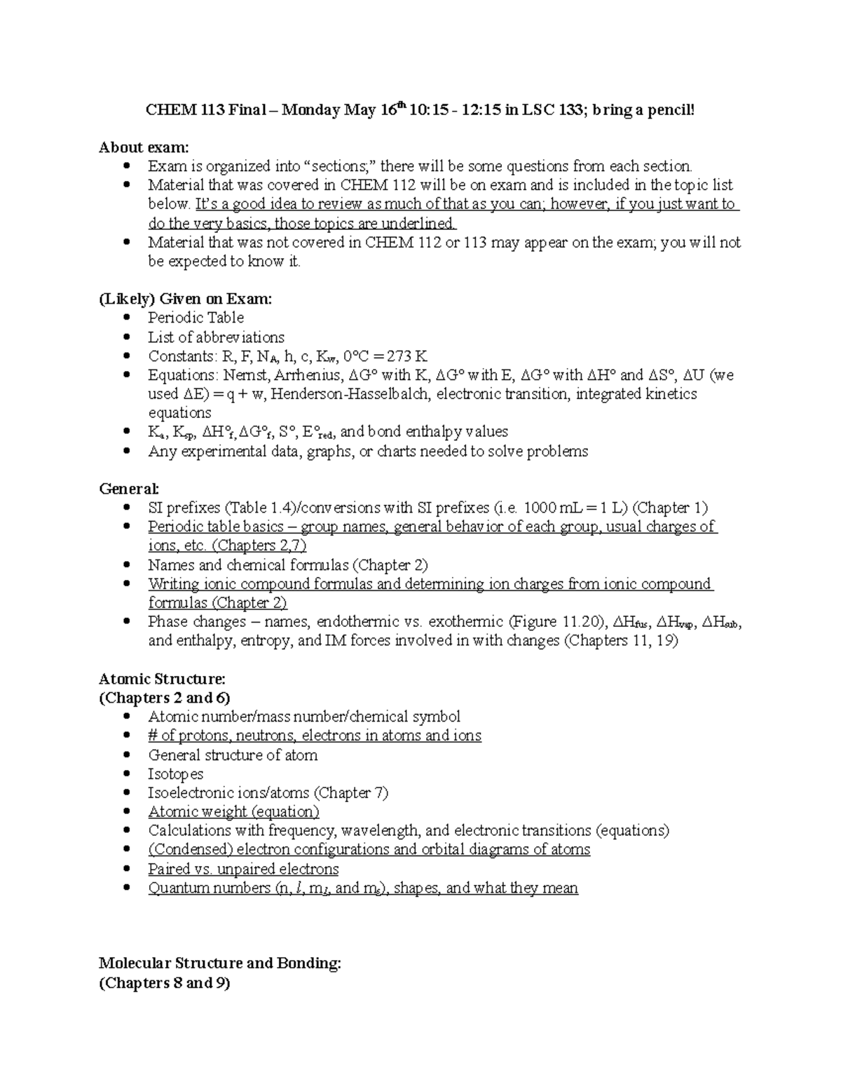 CHEM 113 Final Exam Topic List and Review Guide - Studocu