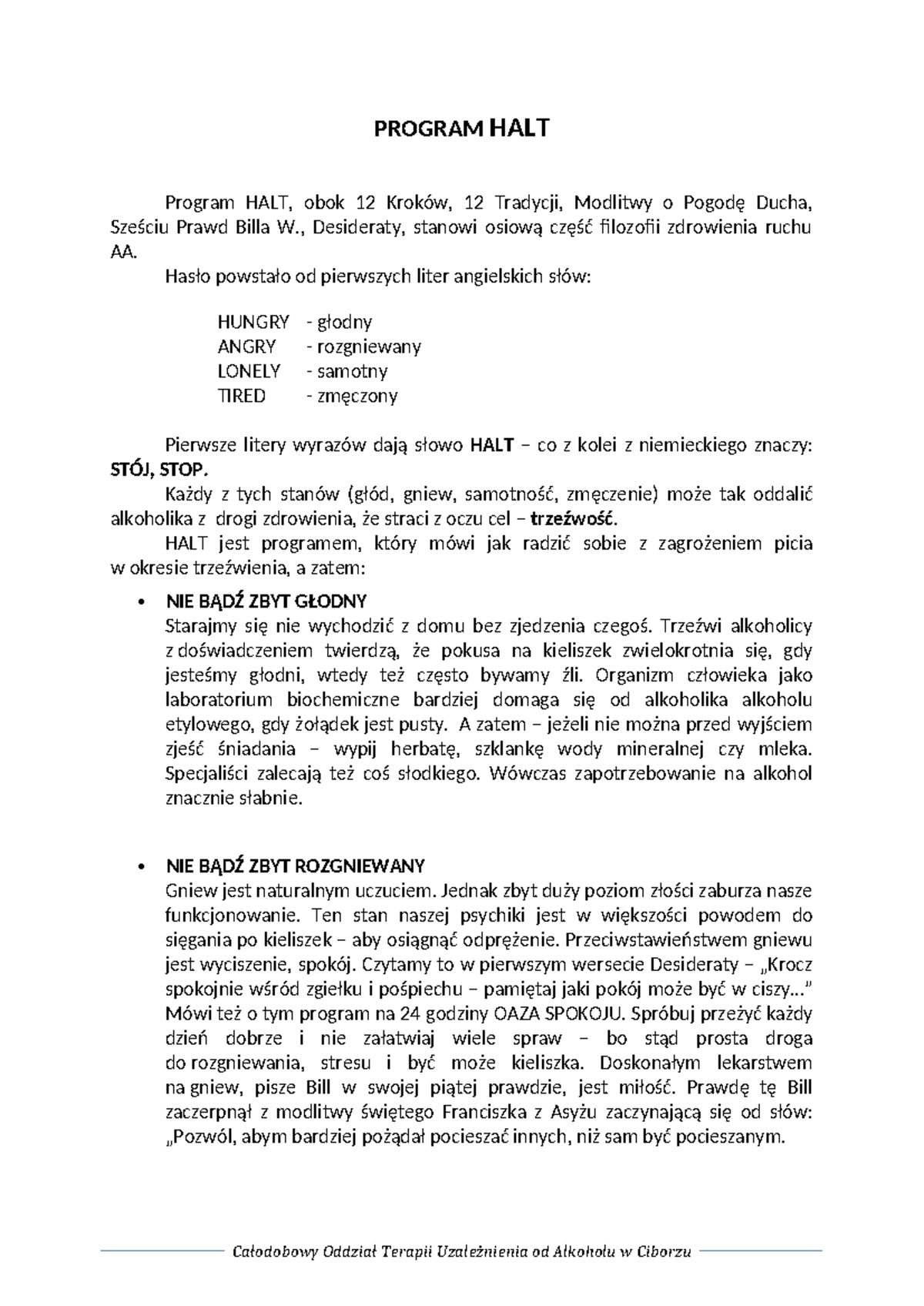 Program HALT: Kluczowe Zasady Zdrowienia w Ruchu AA - Studocu