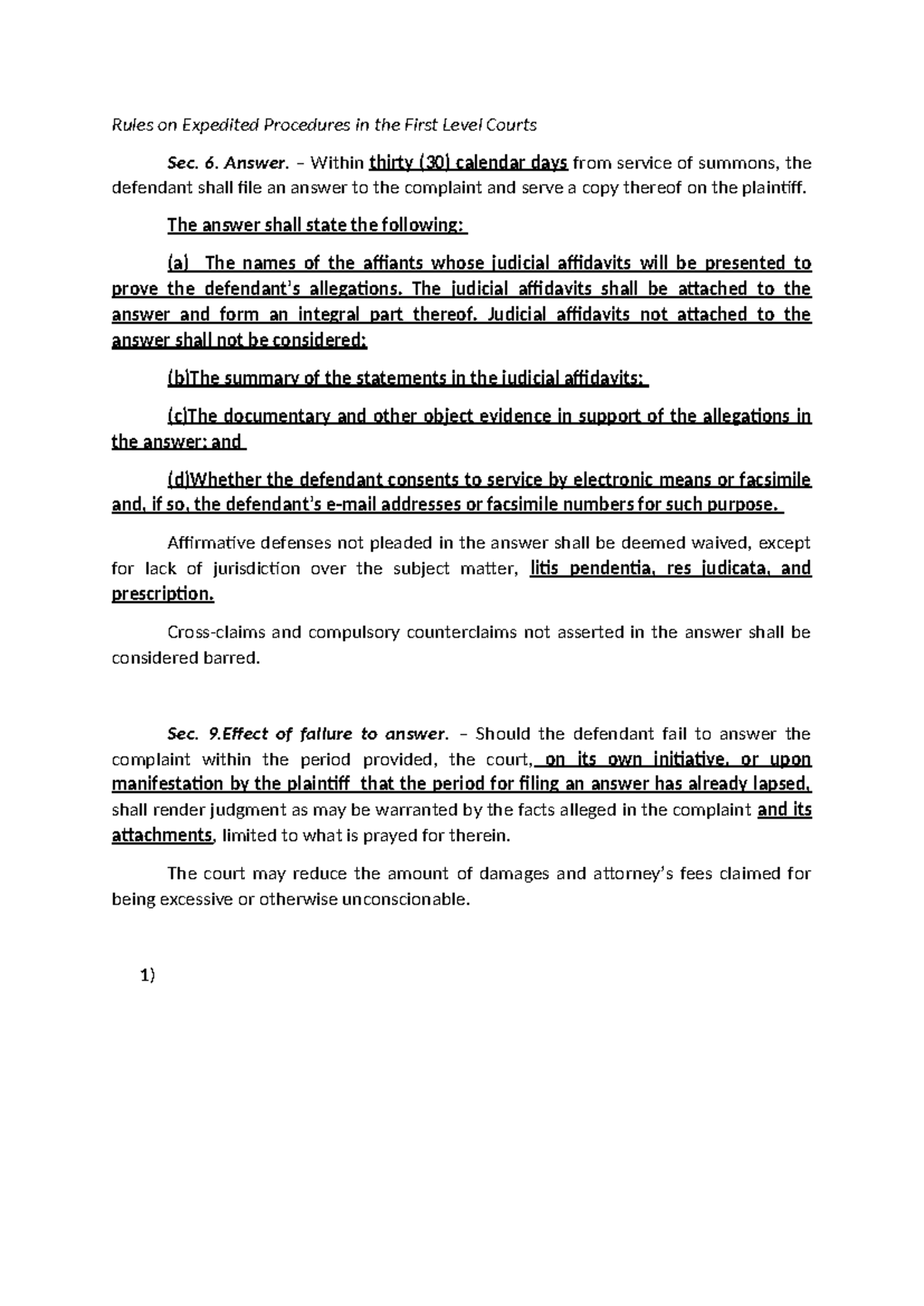 Rules on Expedited Procedures First Level Courts: Secs. 6 & 9 Summary ...