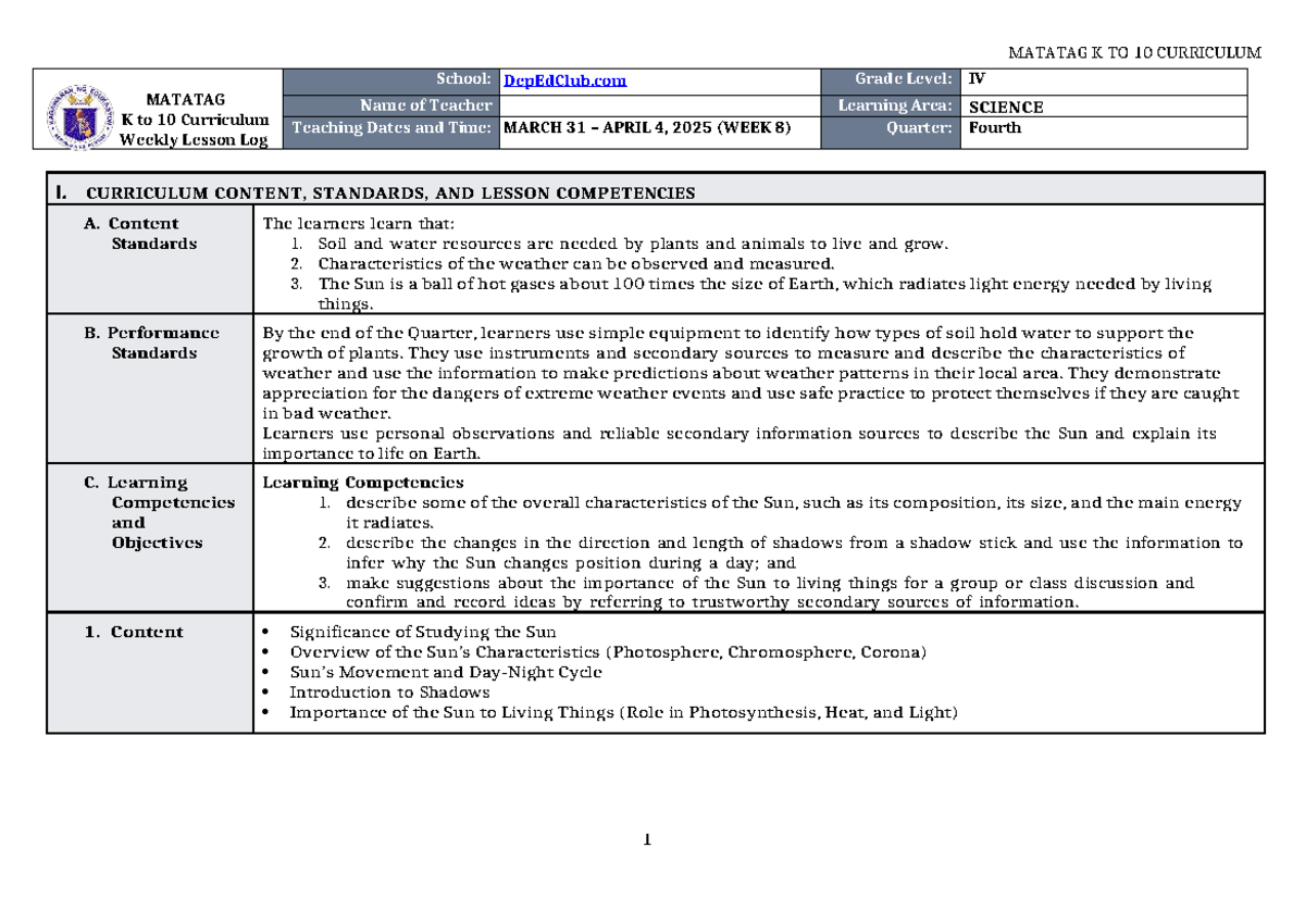 DLL Science 4 Q4 W8 - Lesson Plan - MATATAG K to 10 Curriculum Weekly ...