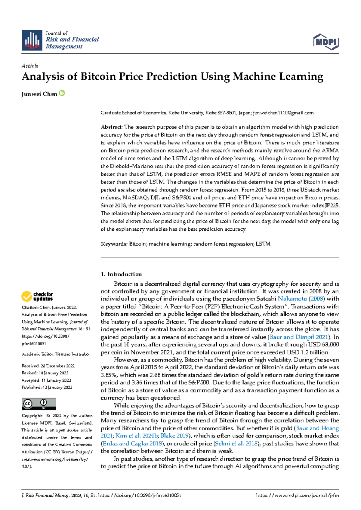 Analysis of Bitcoin Price Prediction Using ML: RFR vs. LSTM (JRFN 16 ...