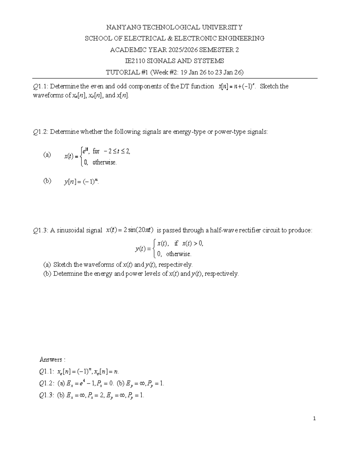 IE2110 Signals and Systems Tutorial Questions 1-12 - Studocu