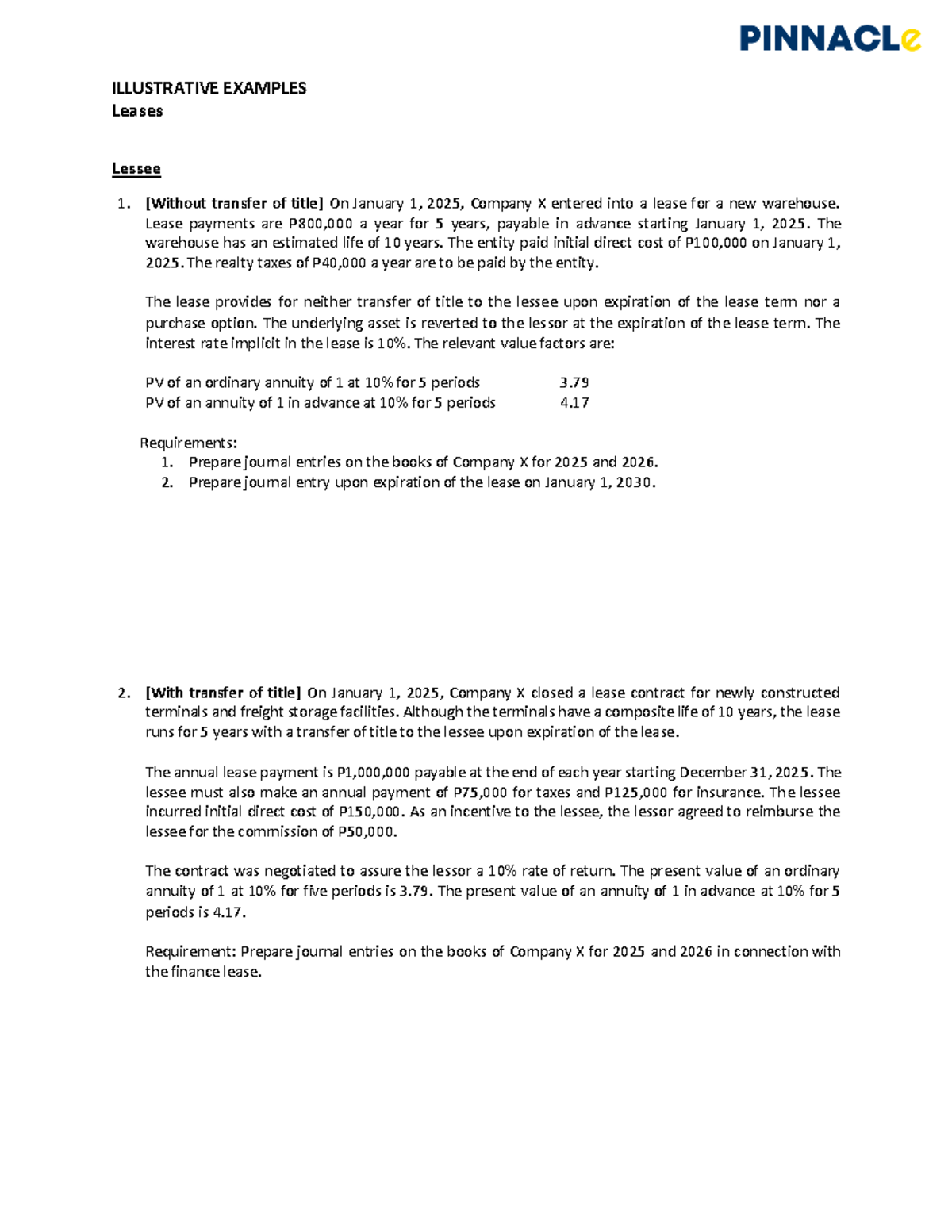 Illustrative Examples - Leases (FIN 101) for Company X (2025-2030 ...
