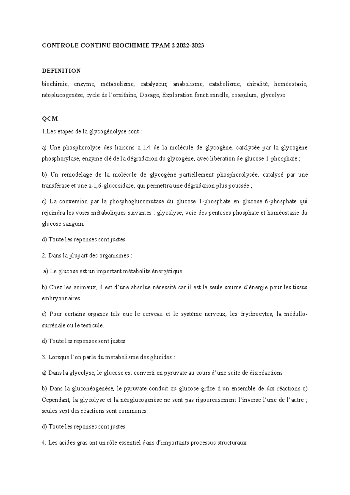 Contrôle Continu de Biochimie - BICHIMIE TPAM 2 Étude 2022-2023 - Studocu
