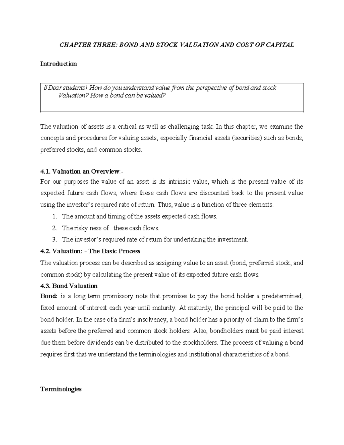 Chapter 3 FM I - Valuation of Bonds, Stocks & Cost of Capital - Studocu