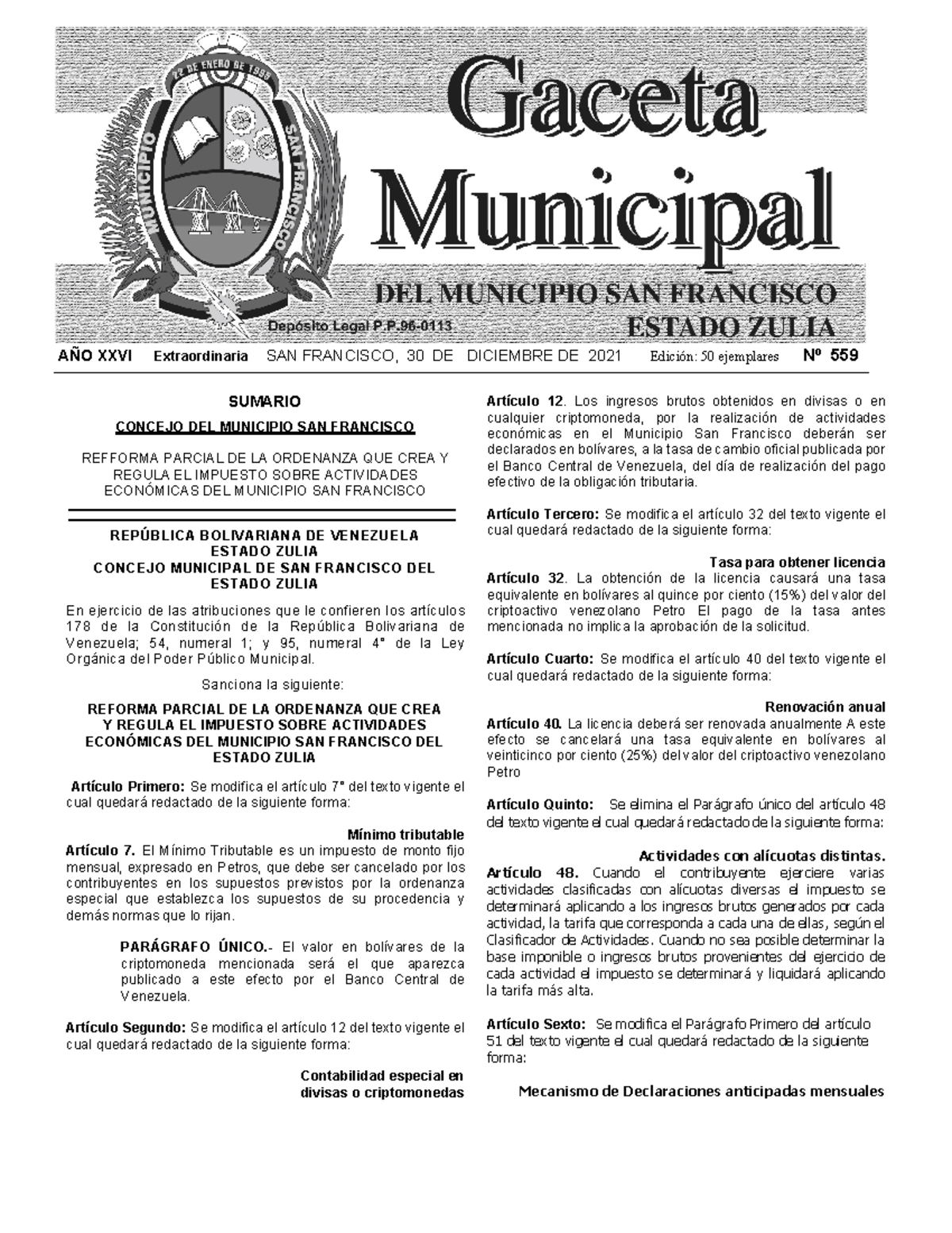 Gaceta Municipal San Francisco N° 559 - Reforma Ordenanza Impuesto Económico - Document Preview