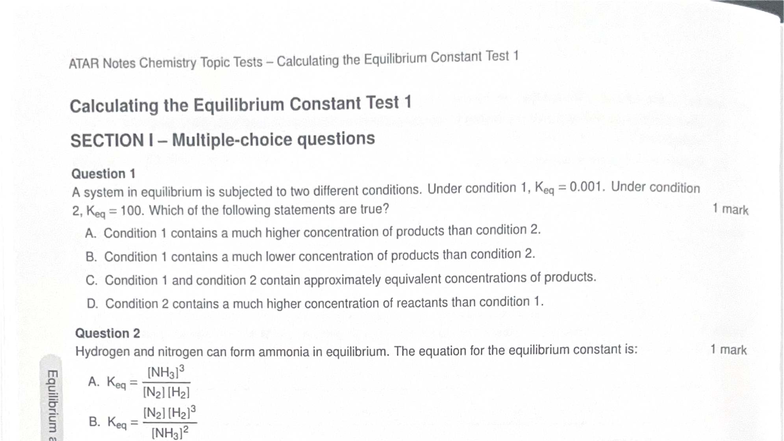 ATAR Notes Chemistry Topic Tests: Calculating the Equilibrium Constant ...