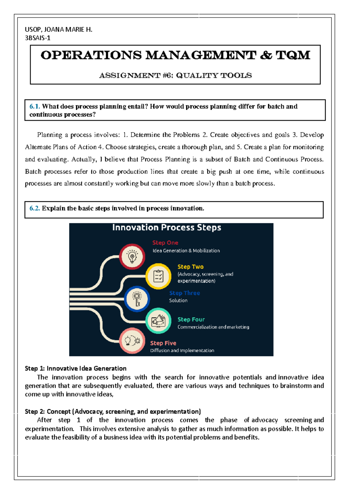 Assignment #6: Process Planning & Innovation in Op Mgt and TQM - Studocu