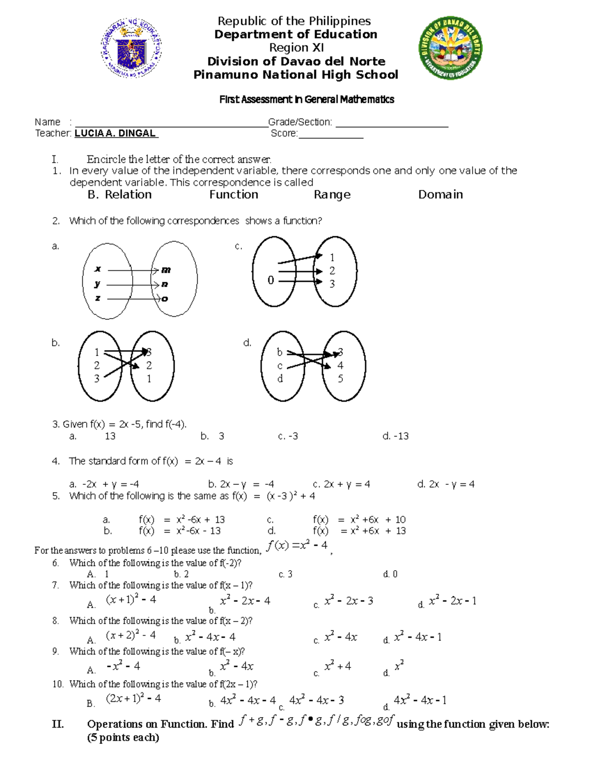Gen math assessment - Republic of the Philippines Department of ...