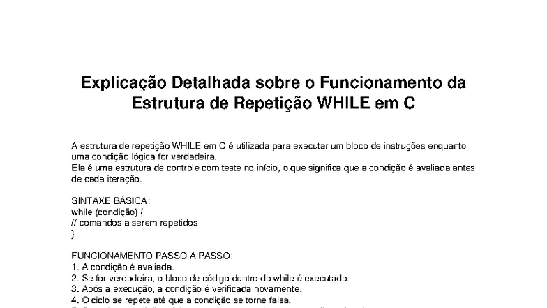 Estrutura de Repetição WHILE em C: Explicação Detalhada - Studocu