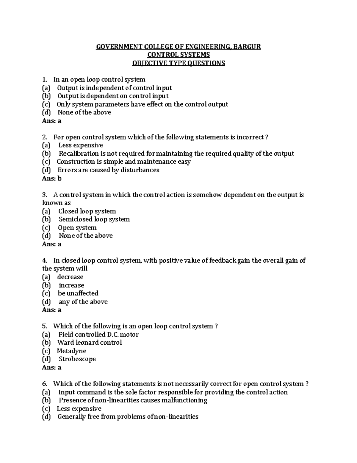 Control System Objective Type Questions - GOVERNMENT COLLEGE OF ...