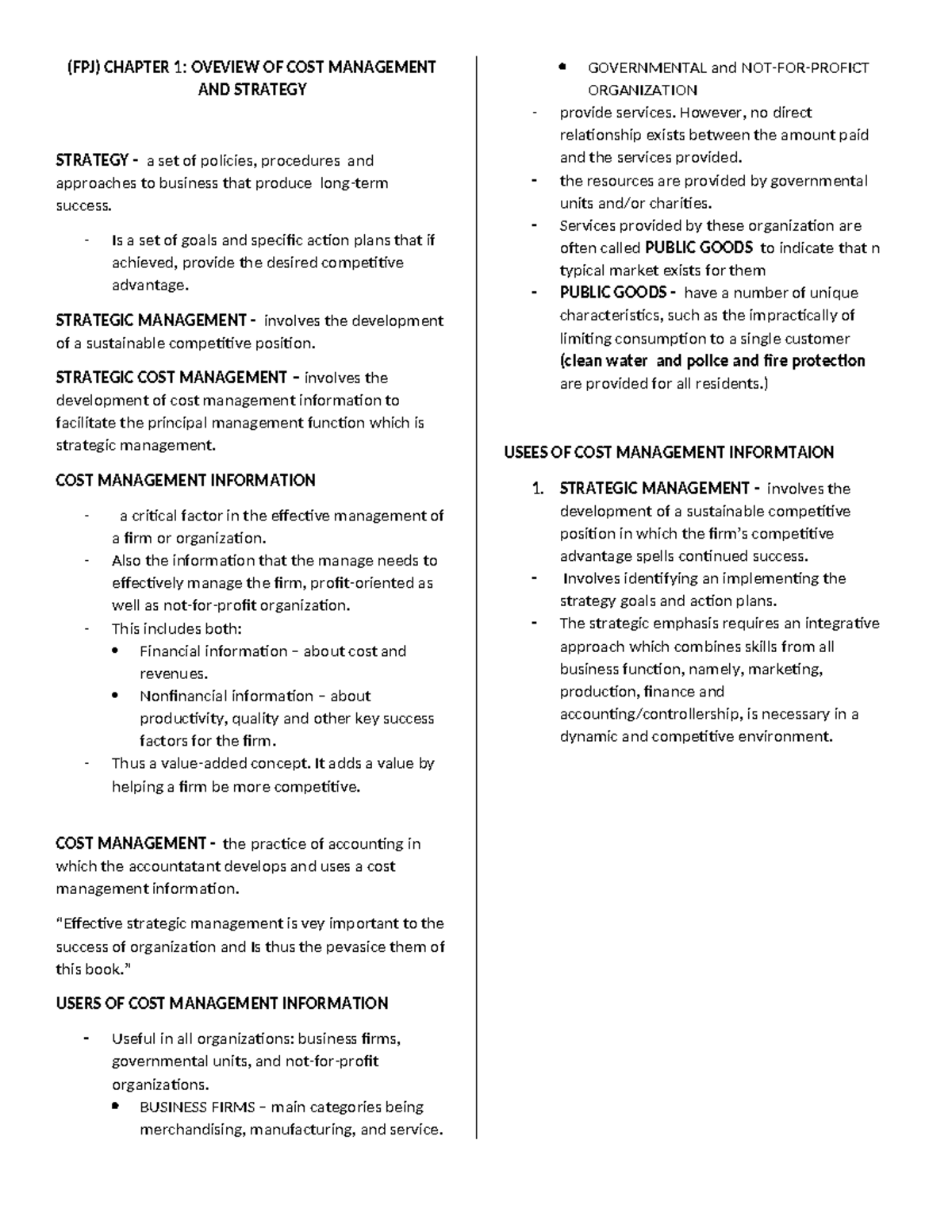 (FPJ) CHAPTER 1: OVERVIEW OF COST MANAGEMENT & STRATEGY - Studocu