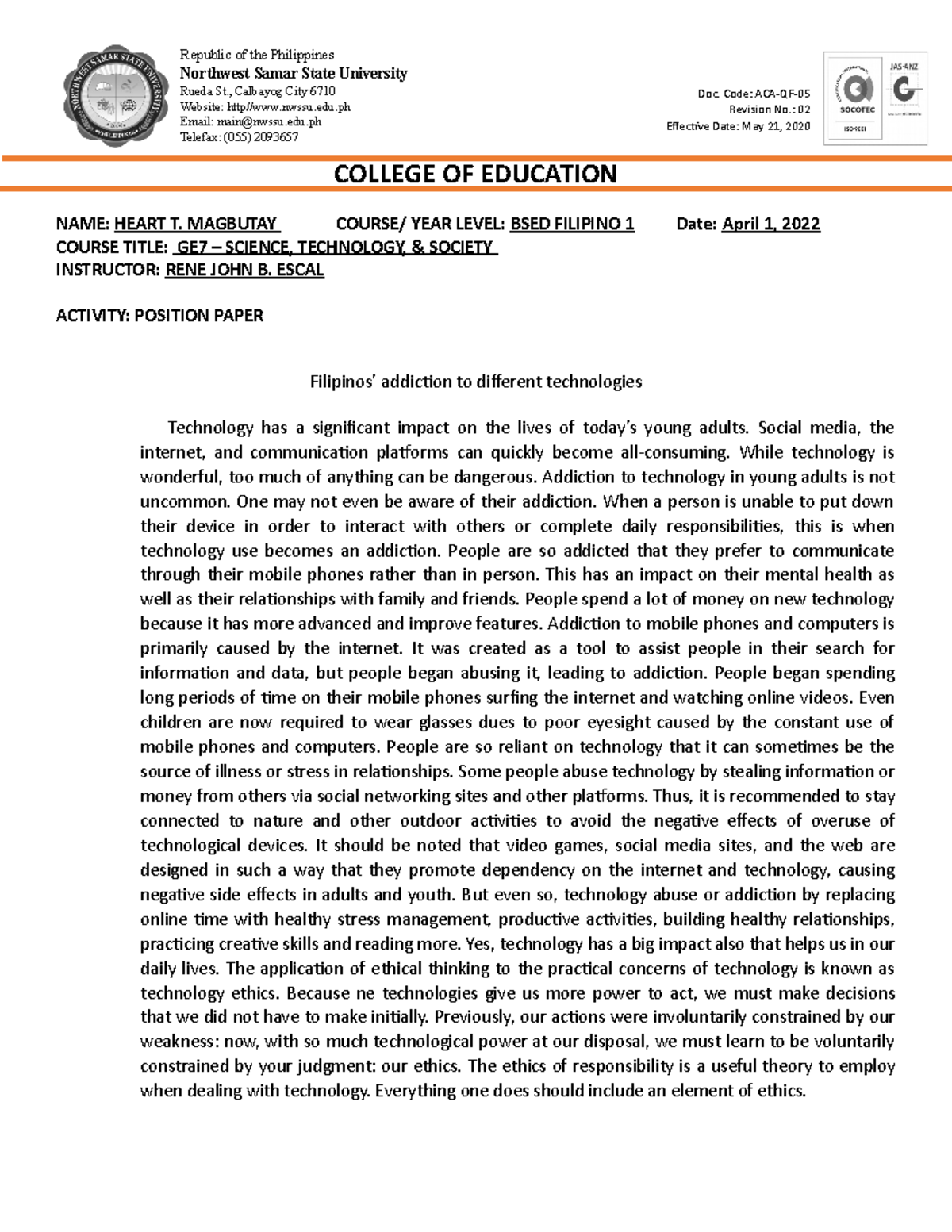 GE7 – Science, Technology, & Society: Position Paper on Tech Addiction ...