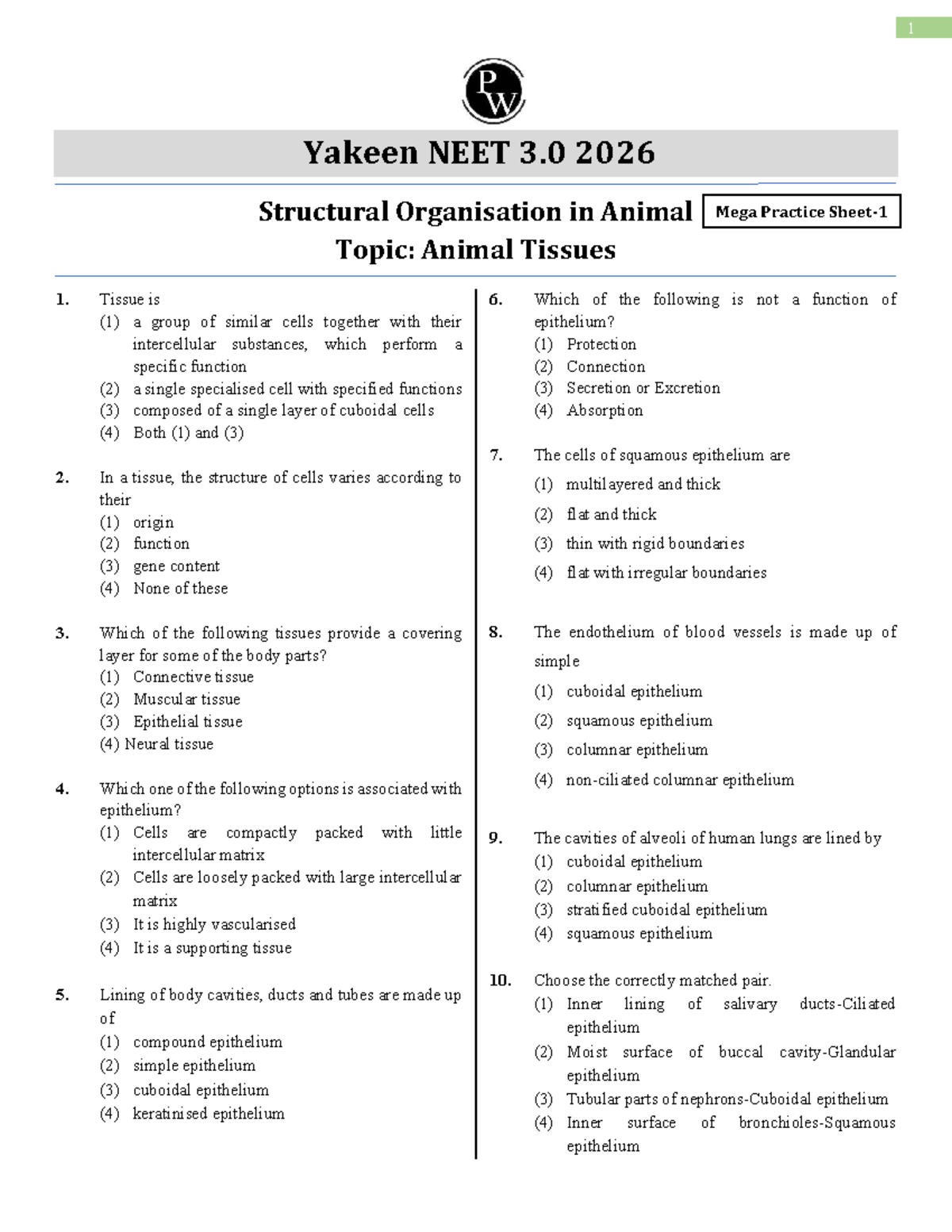 NEET 3.0 2026 Structural Organization in Animals: Mega Practice Sheet ...