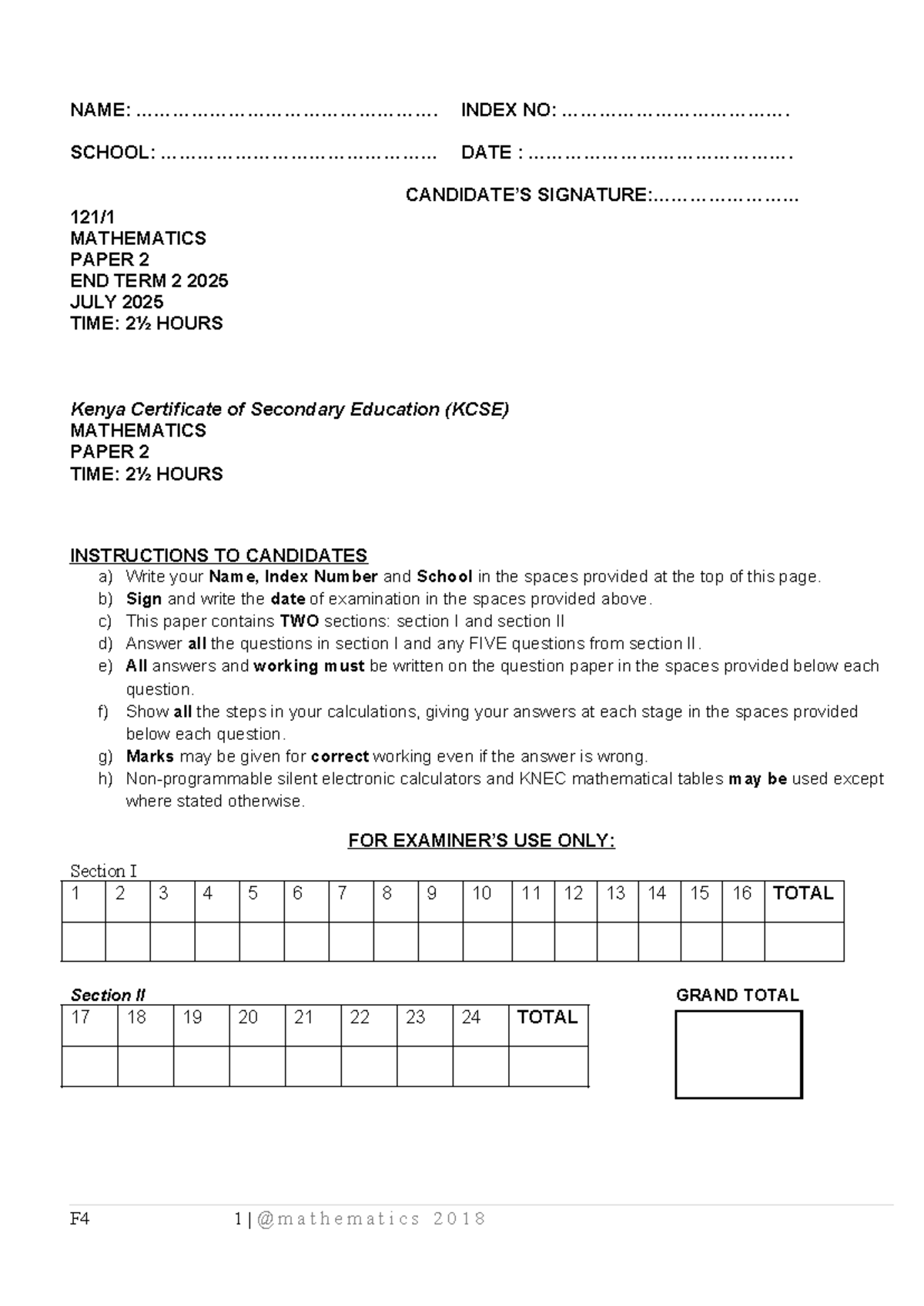 F4 Mathematics Paper 2 End Term 2 Exam Questions - July 2025 - Studocu