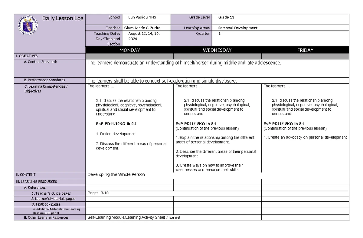 DLL Perdev G11 Q1 W2: Holistic Development Lesson Plan - Studocu