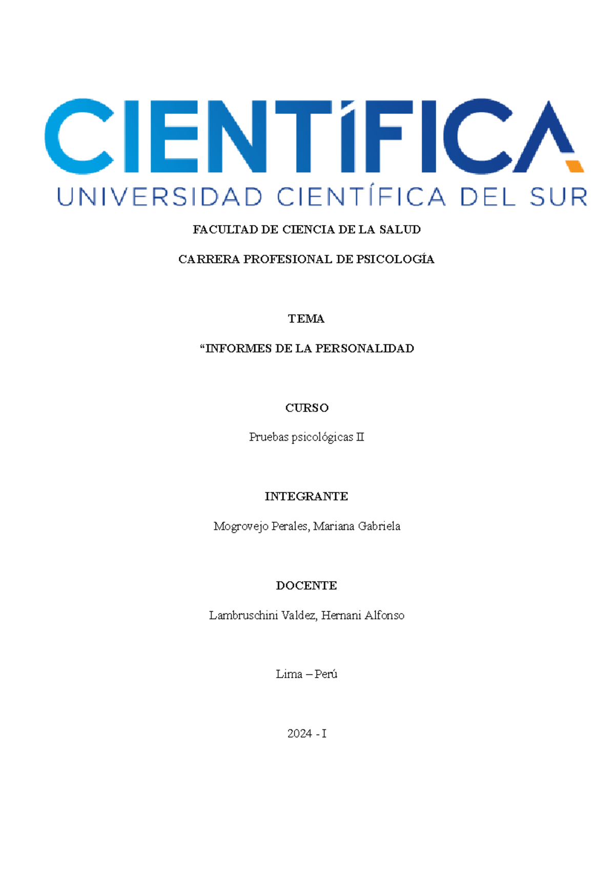Informe del Test de la Familia - Pruebas Psicológicas II - Document Preview