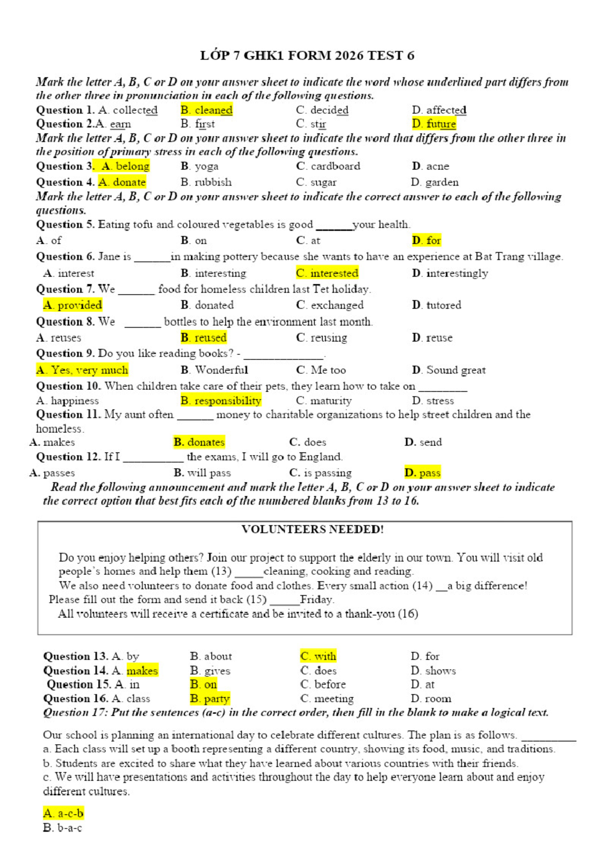 LÓP 7 GHK1 FORM 2026 TEST 6: Pronunciation & Stress Questions - Studocu