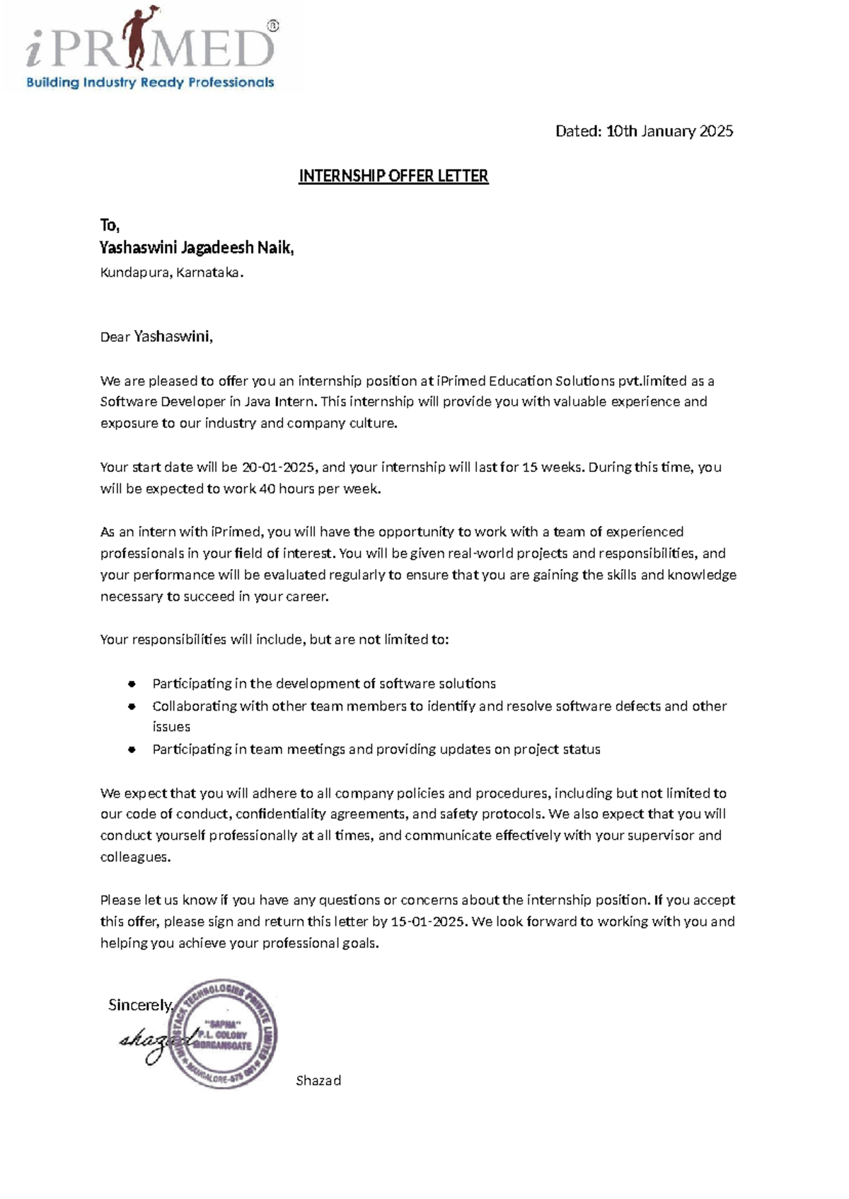 Yashu's Internship Offer Letter - Software Developer (Java Intern ...