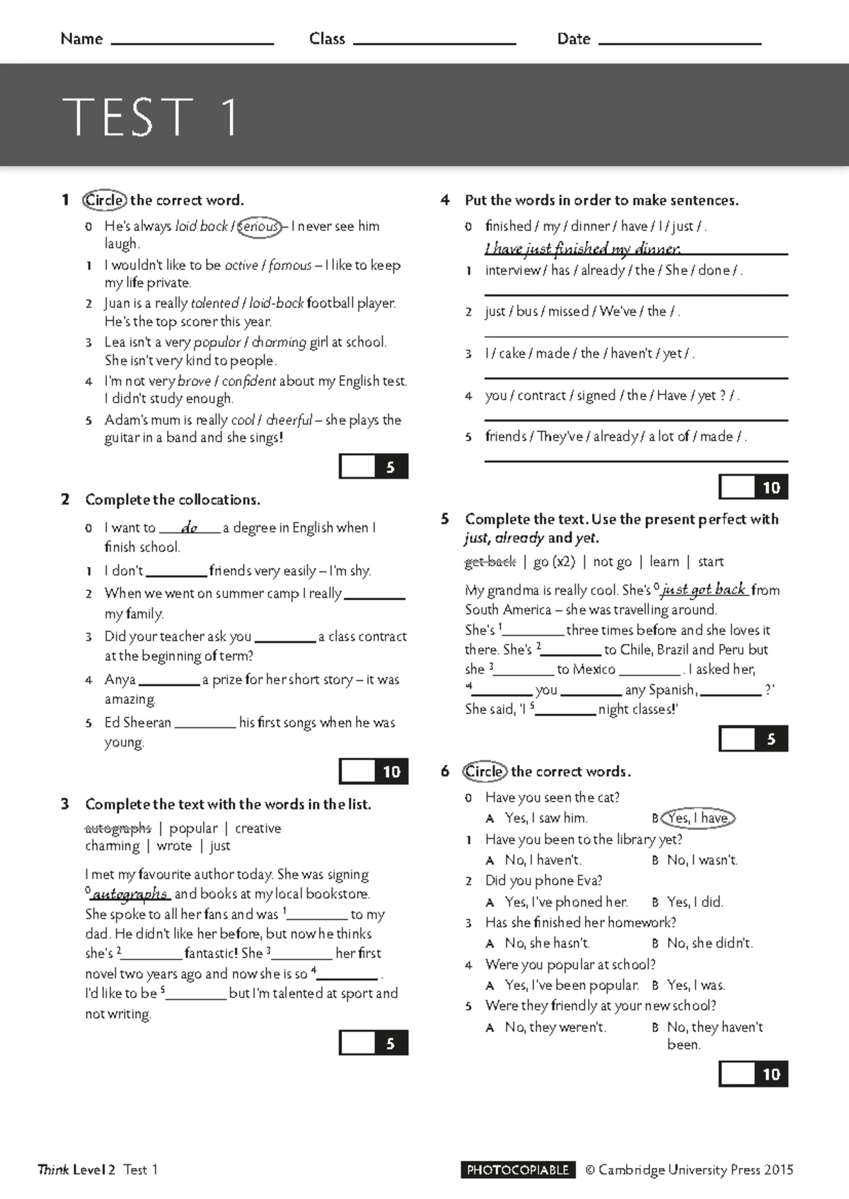 Unit 2 Test - Think 1: Language Skills & Shop Vocabulary Activities ...
