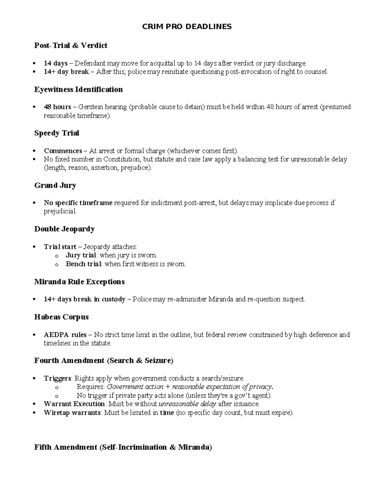 CRIM PRO Deadlines - Key Timeframes for Legal Procedures - Studocu