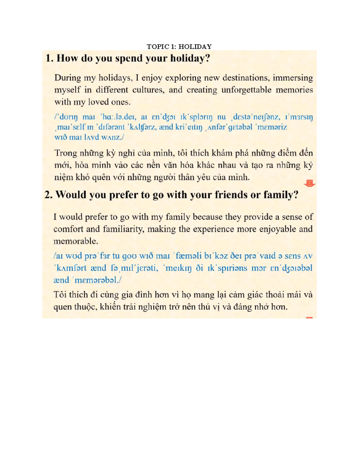 Speaking Part 1 - 2025: Holiday and School Experiences - Studocu