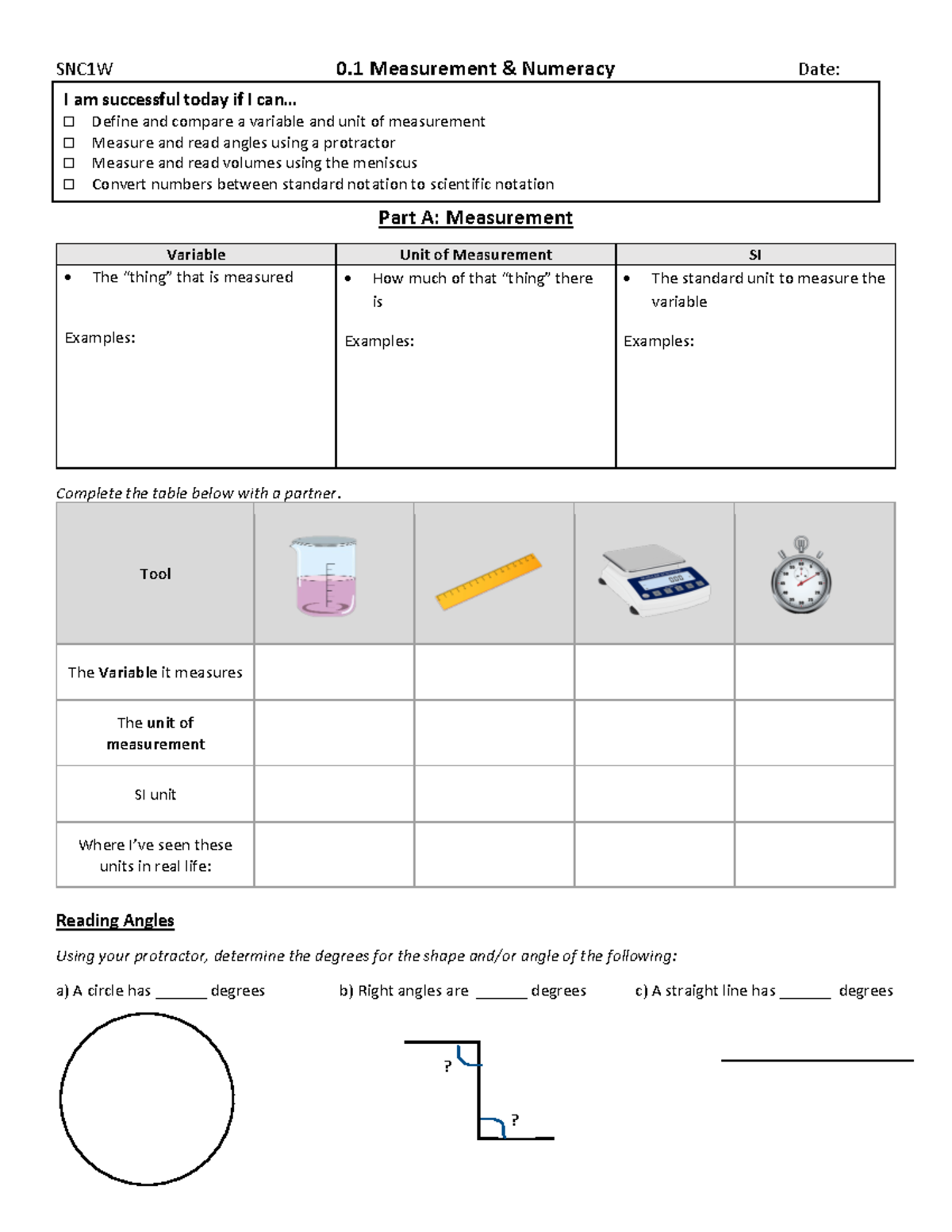 0.1 Measurement & Numeracy - SNC1W 0 Measurement & Numeracy Date: Part ...