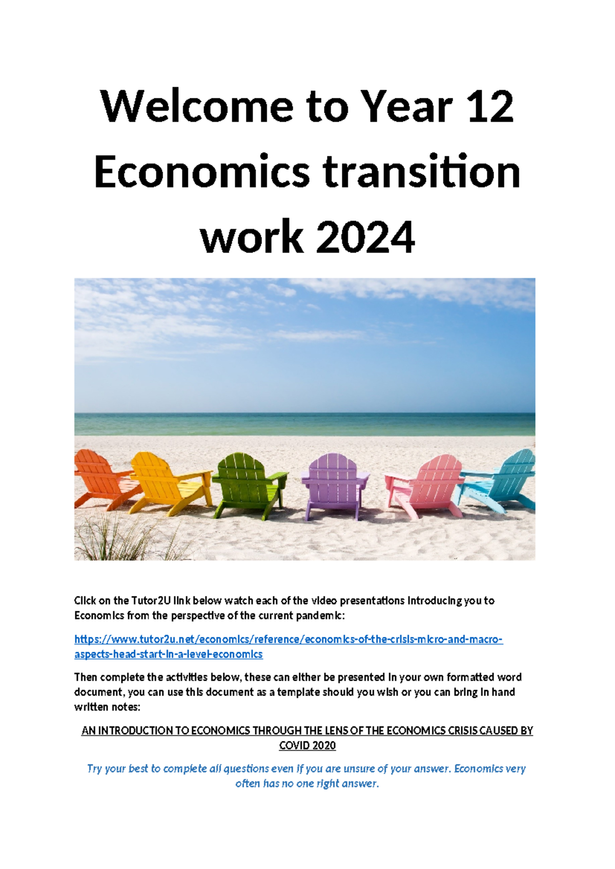 Economics transition work summer 2024 - Welcome to Year 12 Economics ...