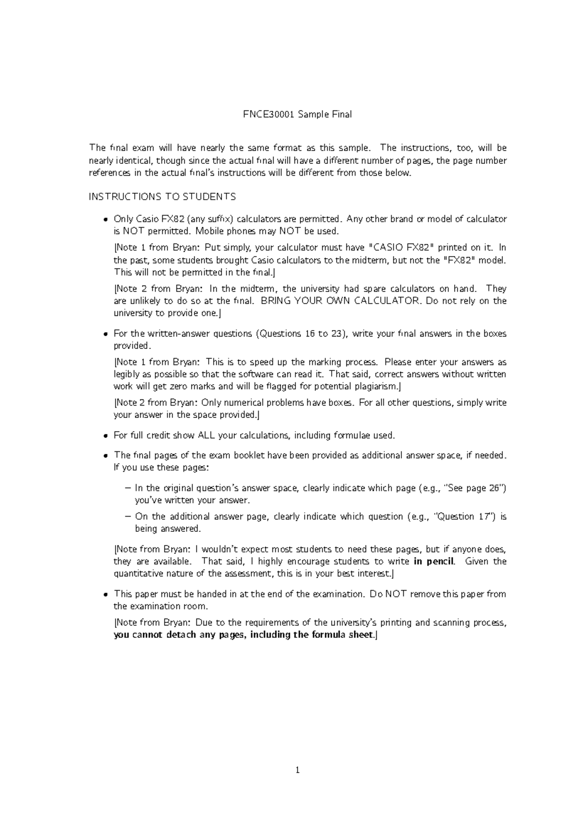 Sample Final Exam Guidelines for Calculators and Answering Techniques ...