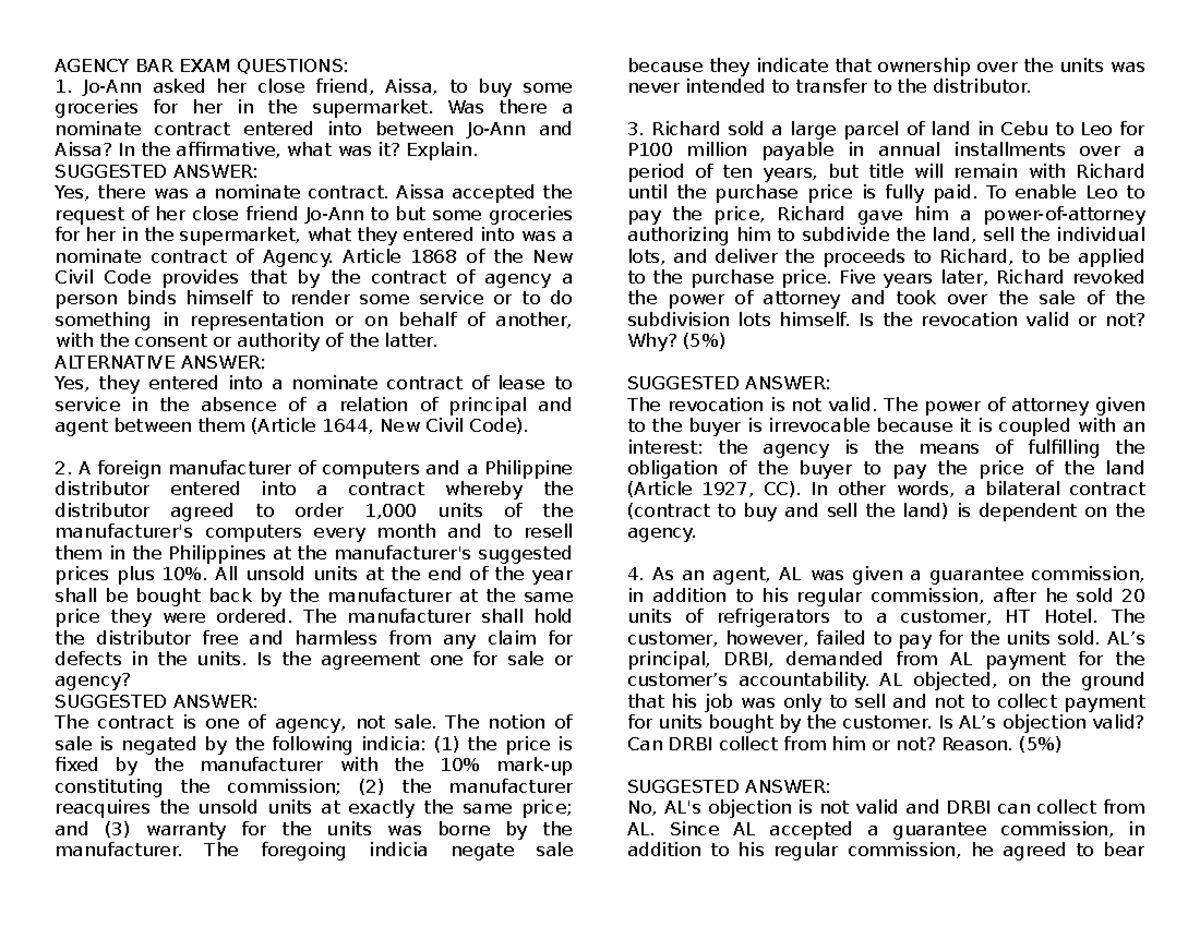 Agency Bar Exam Questions: Analyzing Contracts of Agency and Authority - Document Preview