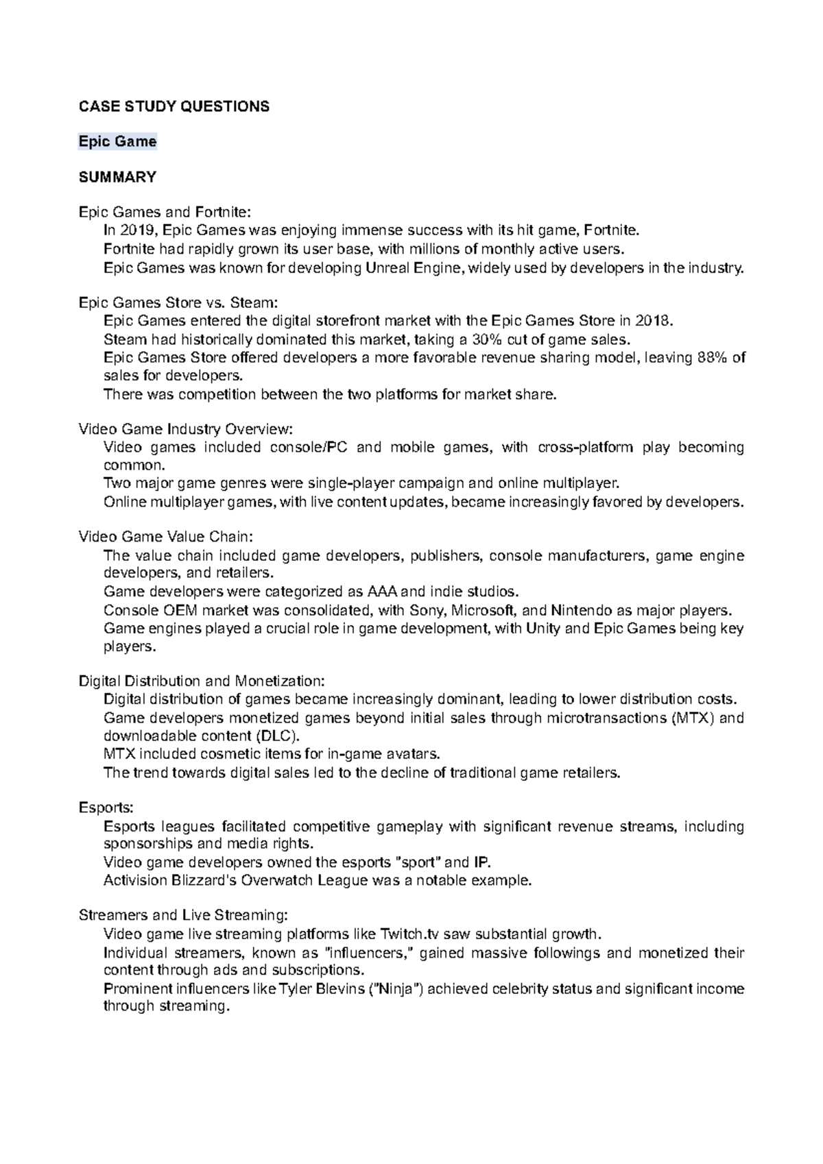 Case Study Questions on Epic Games: Strategies & Market Impact - Studocu