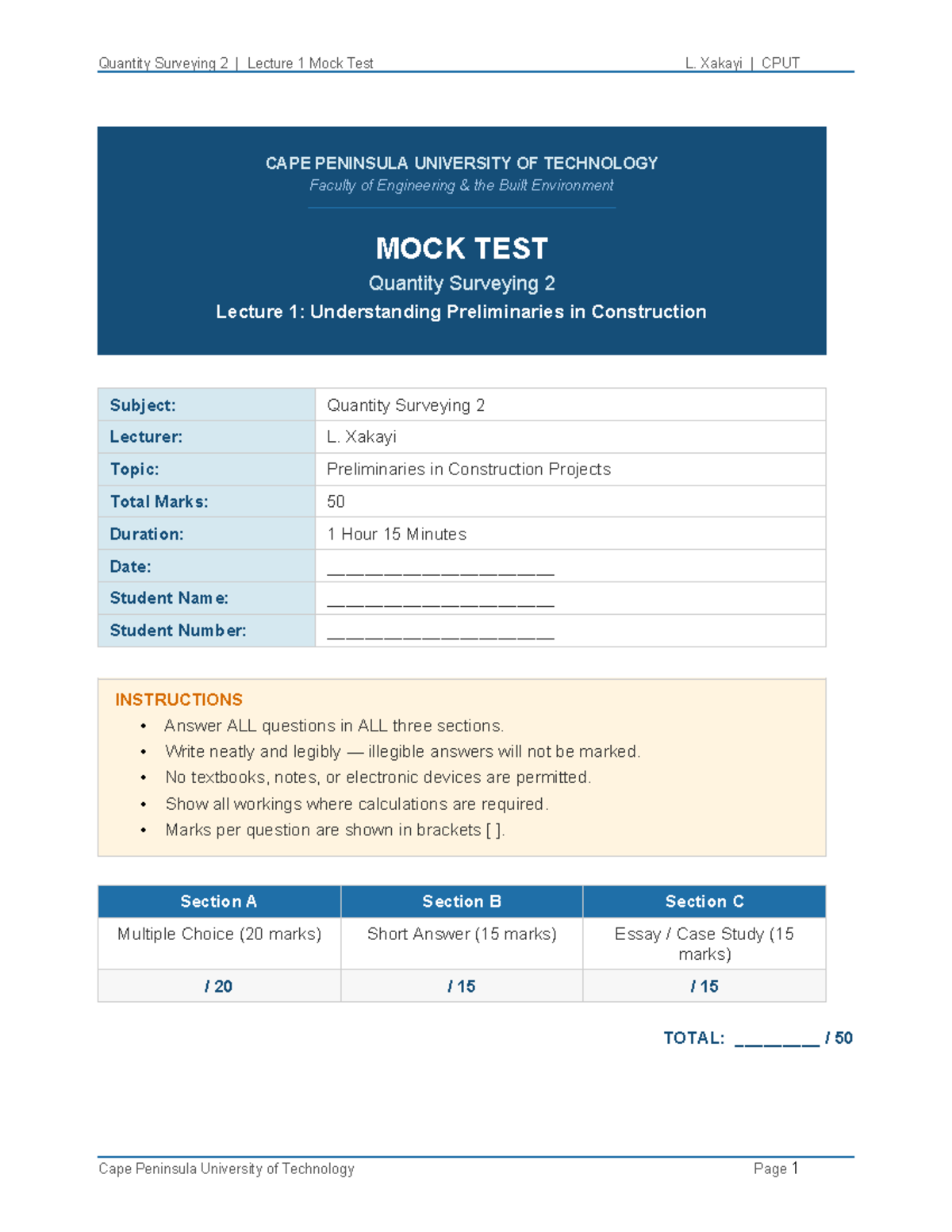 Quantity Surveying 2 Mock Test: Preliminaries in Construction - Studocu
