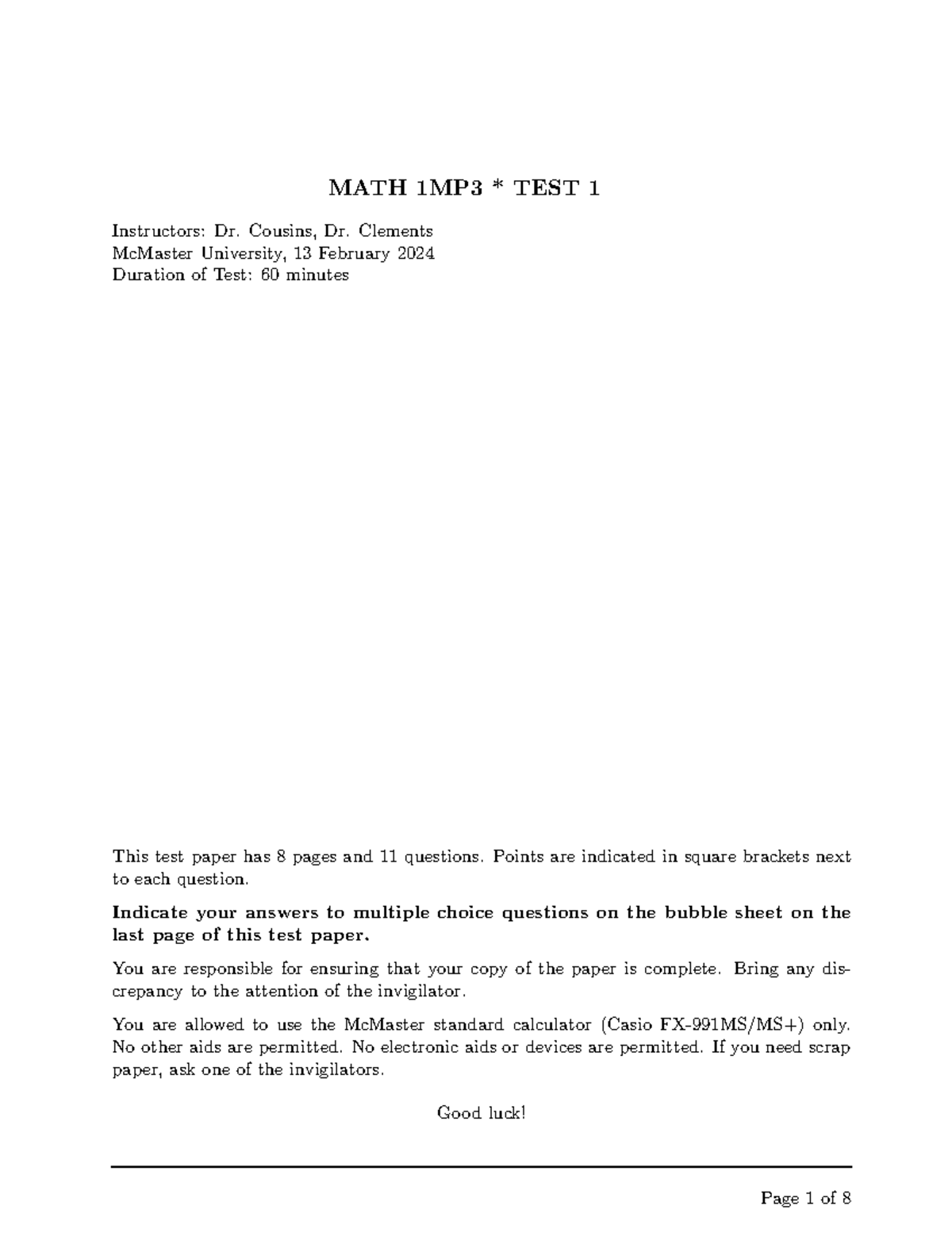 Practice Test 1 - MATH 1MP3 - McMaster University - Studocu