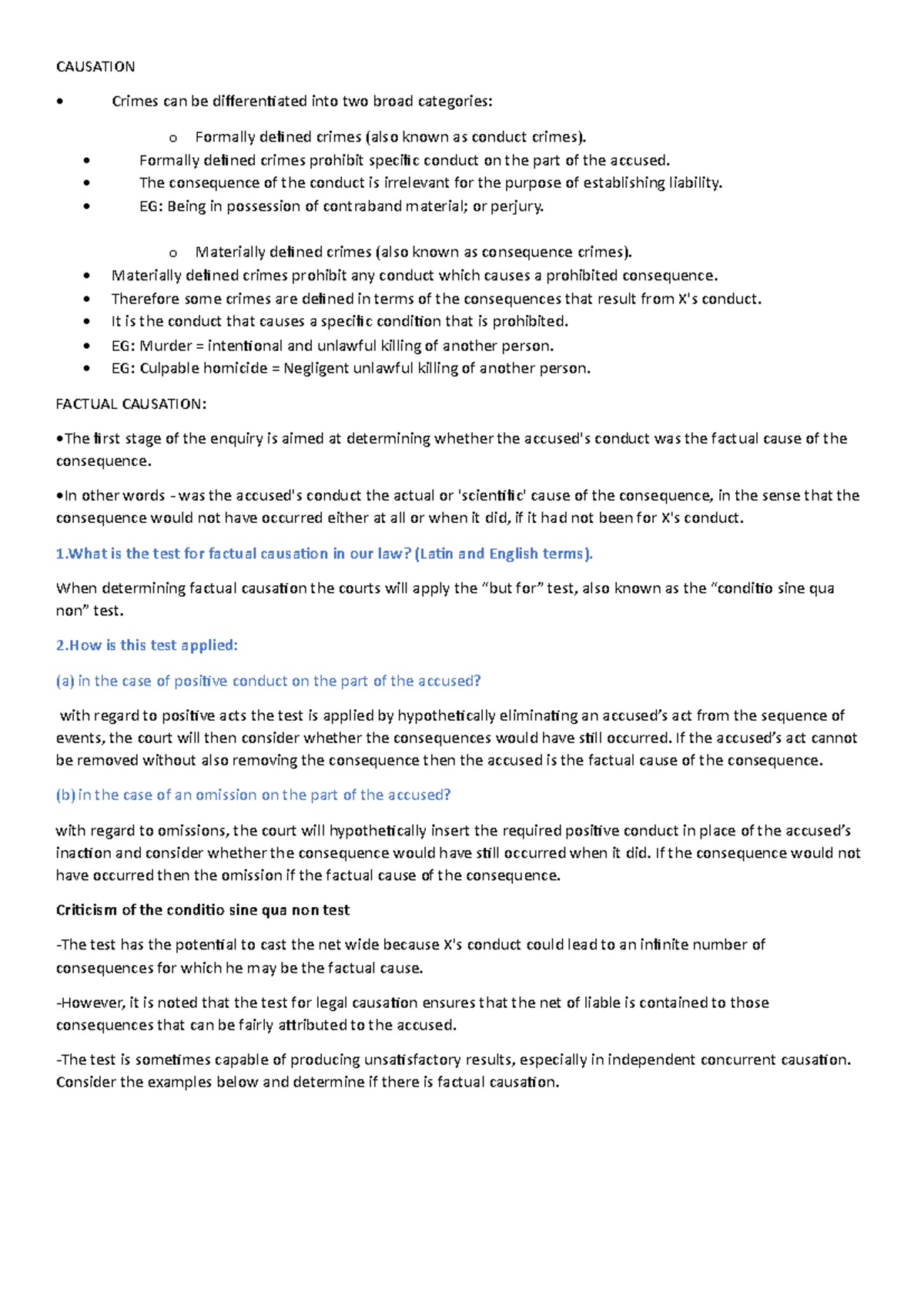Causation - Notes - CAUSATION Crimes can be differentiated into two ...