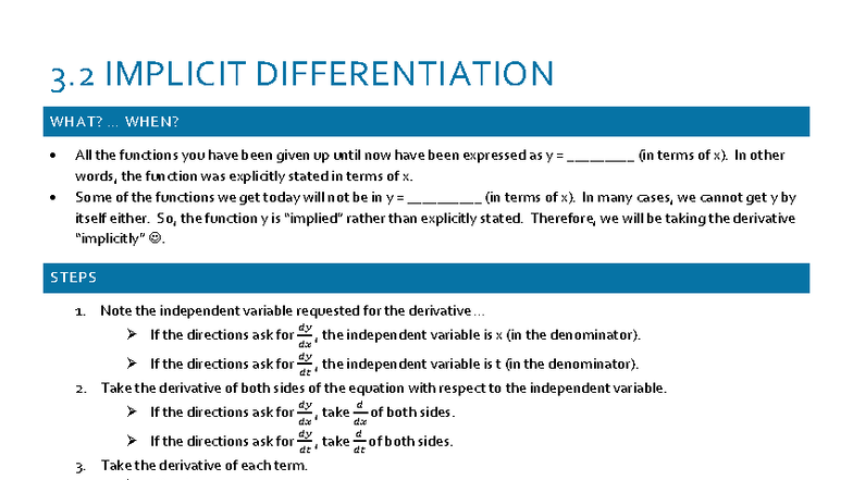 3.2 Implicit Differentiation: Notes & Examples for Clarity - Studocu