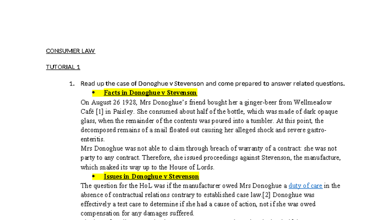 Consumer Law Tutorial 1: Case Study of Donoghue v Stevenson - Studocu